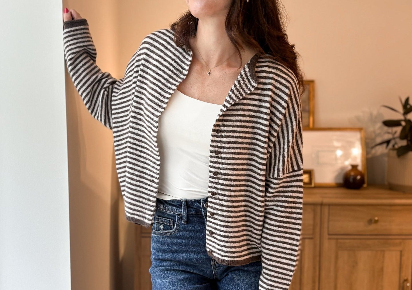 The Autumn Air Stripe Raw Edge Drop Shoulder Knit Cardigan - Love and Lee Apparel