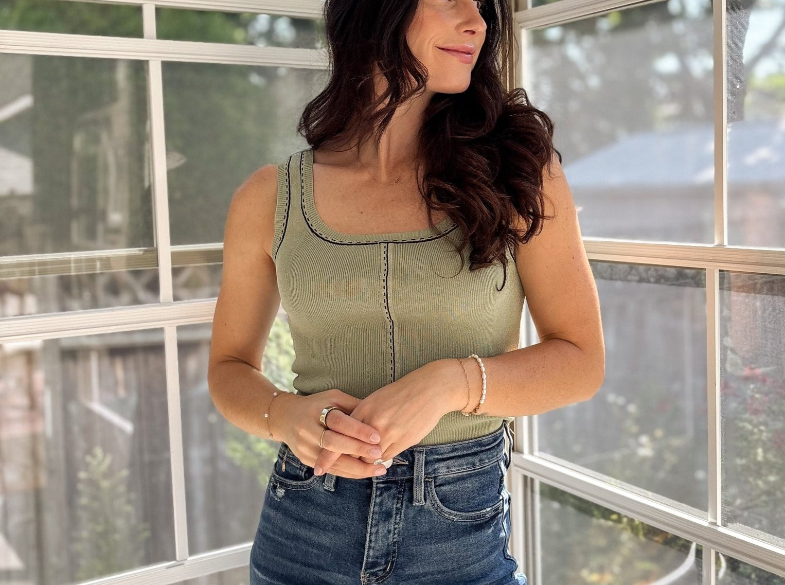 Tawny Contrast Line Stitch Detail Knit Tank - Love and Lee Apparel
