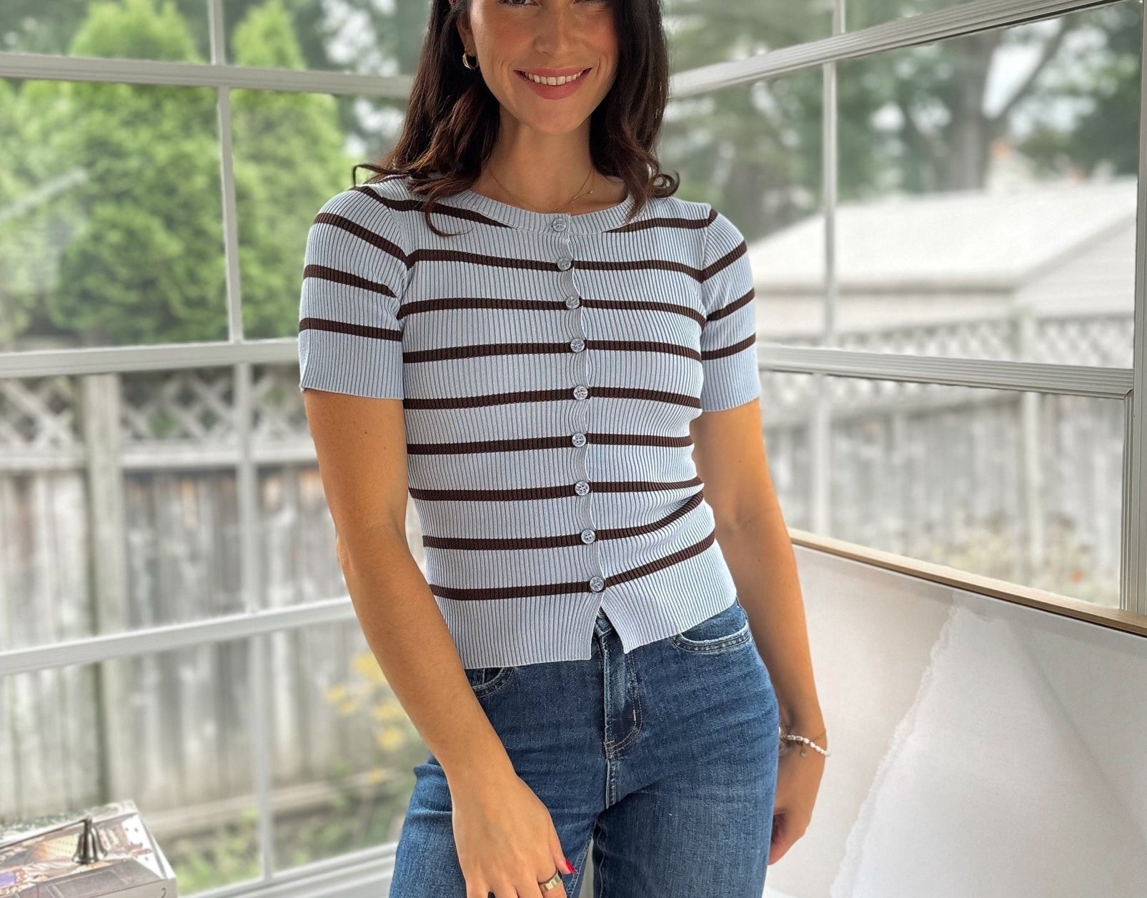 'Collegiate Cutie' Stripe Button Front Split Hem Short Sleeve Top - Love and Lee Apparel