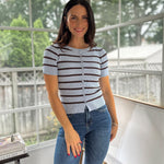 'Collegiate Cutie' Stripe Button Front Split Hem Short Sleeve Top - Love and Lee Apparel