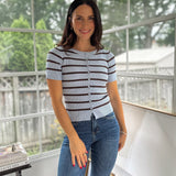 'Collegiate Cutie' Stripe Button Front Split Hem Short Sleeve Top - Love and Lee Apparel