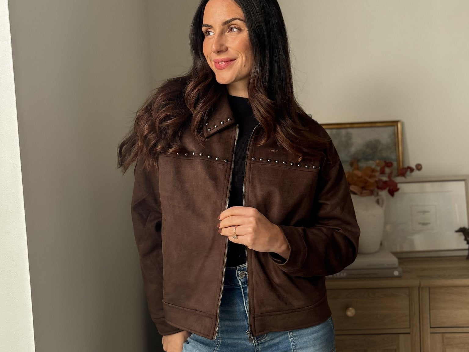 The 'Cozy Fireside' Studded Collared Zip-Up Suede Jacket - Love and Lee Apparel