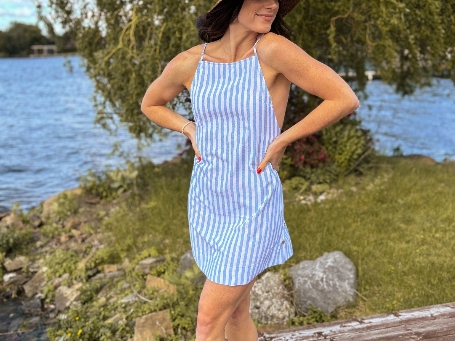 Muskoka Striped Straight Neck Knee-Length Dress in Blue - Love and Lee Apparel