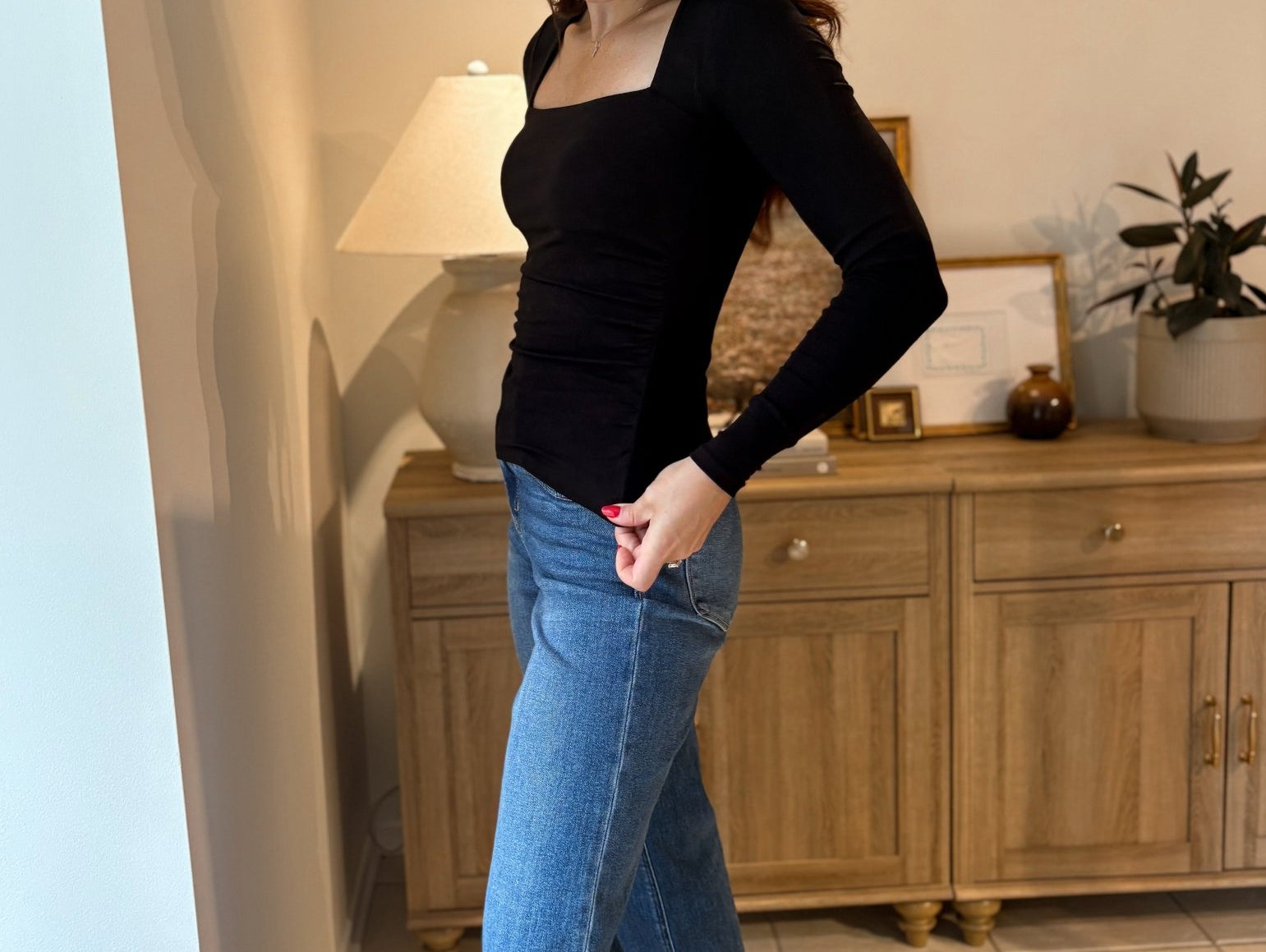 The Morning Mist Square Neck Long Sleeve Ruched Side Knit Top - Love and Lee Apparel