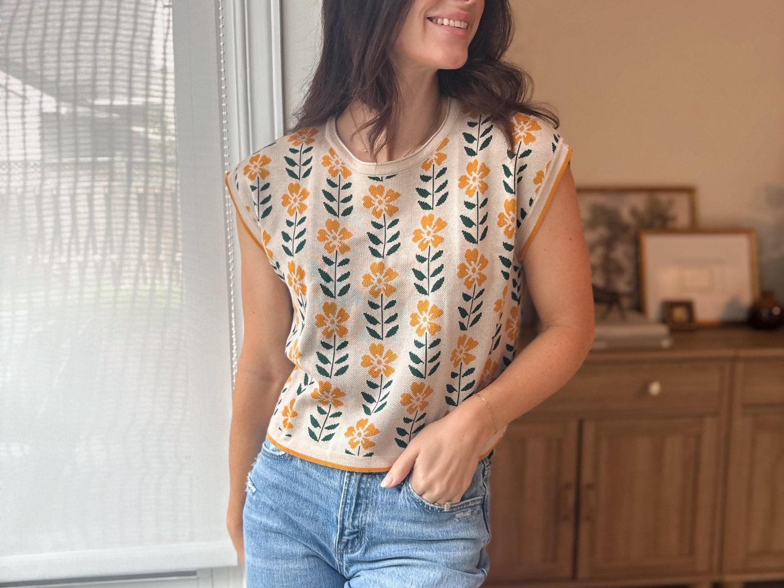 The Hattie Vintage Floral Knit Top Cap Sleeve Lightweight Sweater - Love and Lee Apparel