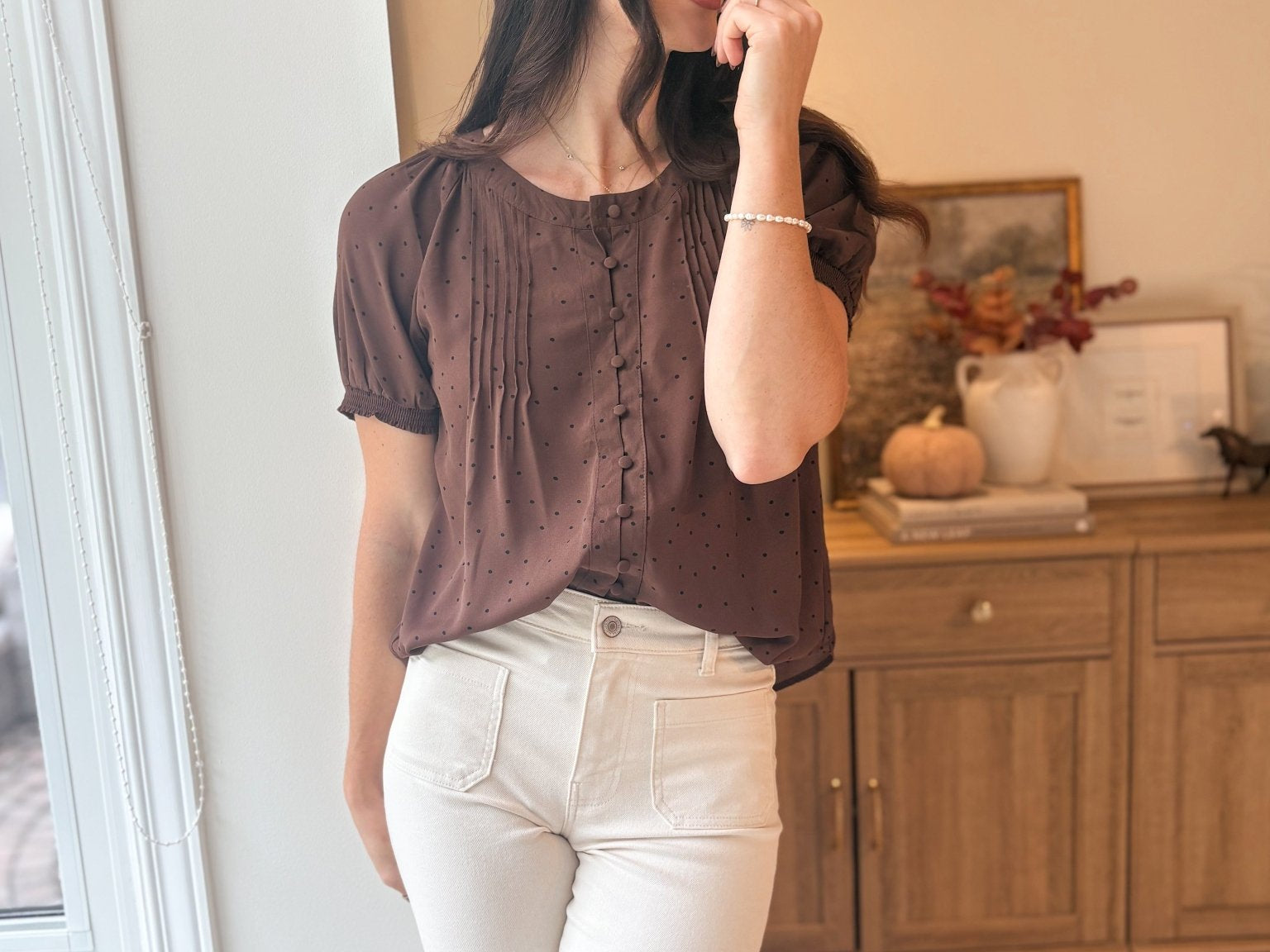 The Mayfair Pintuck Polka Dot Button Down Puff Sleeve Top - Love and Lee Apparel