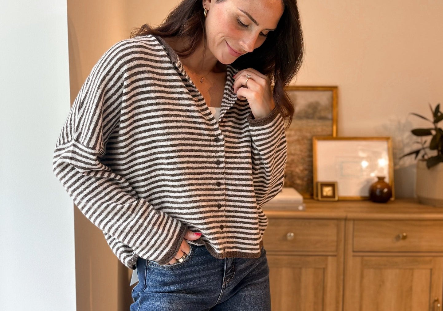 The Autumn Air Stripe Raw Edge Drop Shoulder Knit Cardigan - Love and Lee Apparel