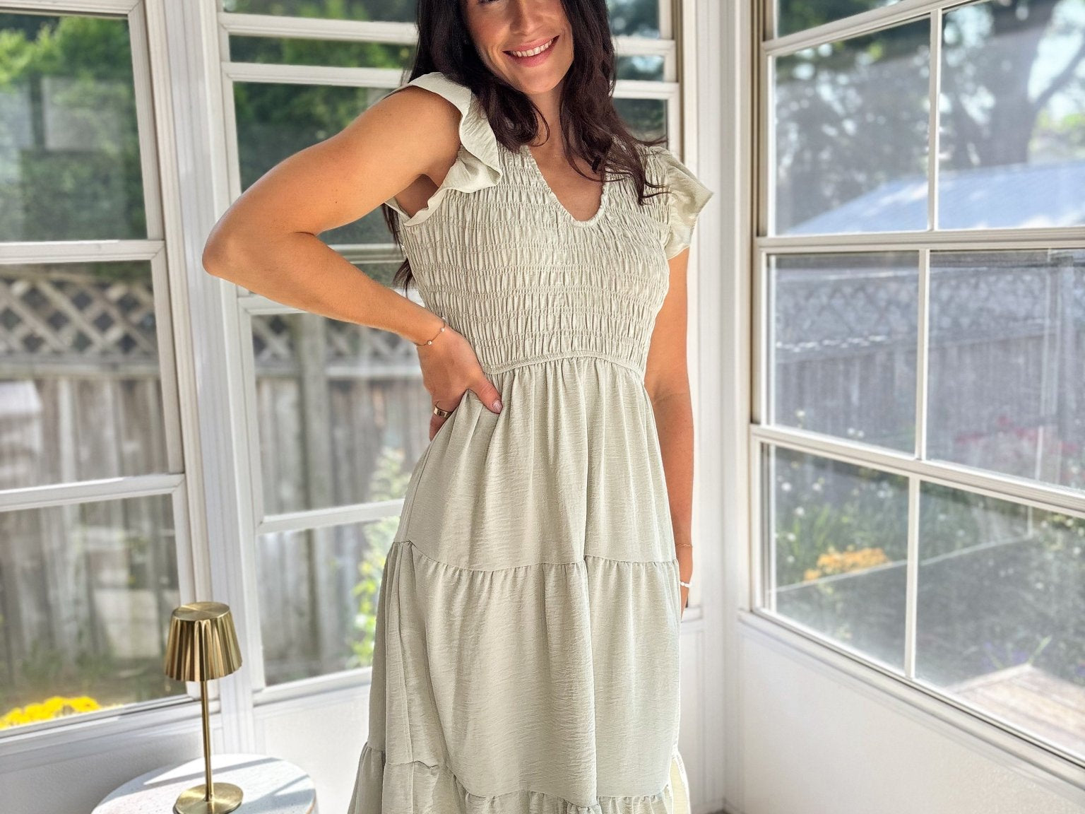 The Maureen Flutter Sleeve V Neck Smocked Midi Dress - Love and Lee Apparel