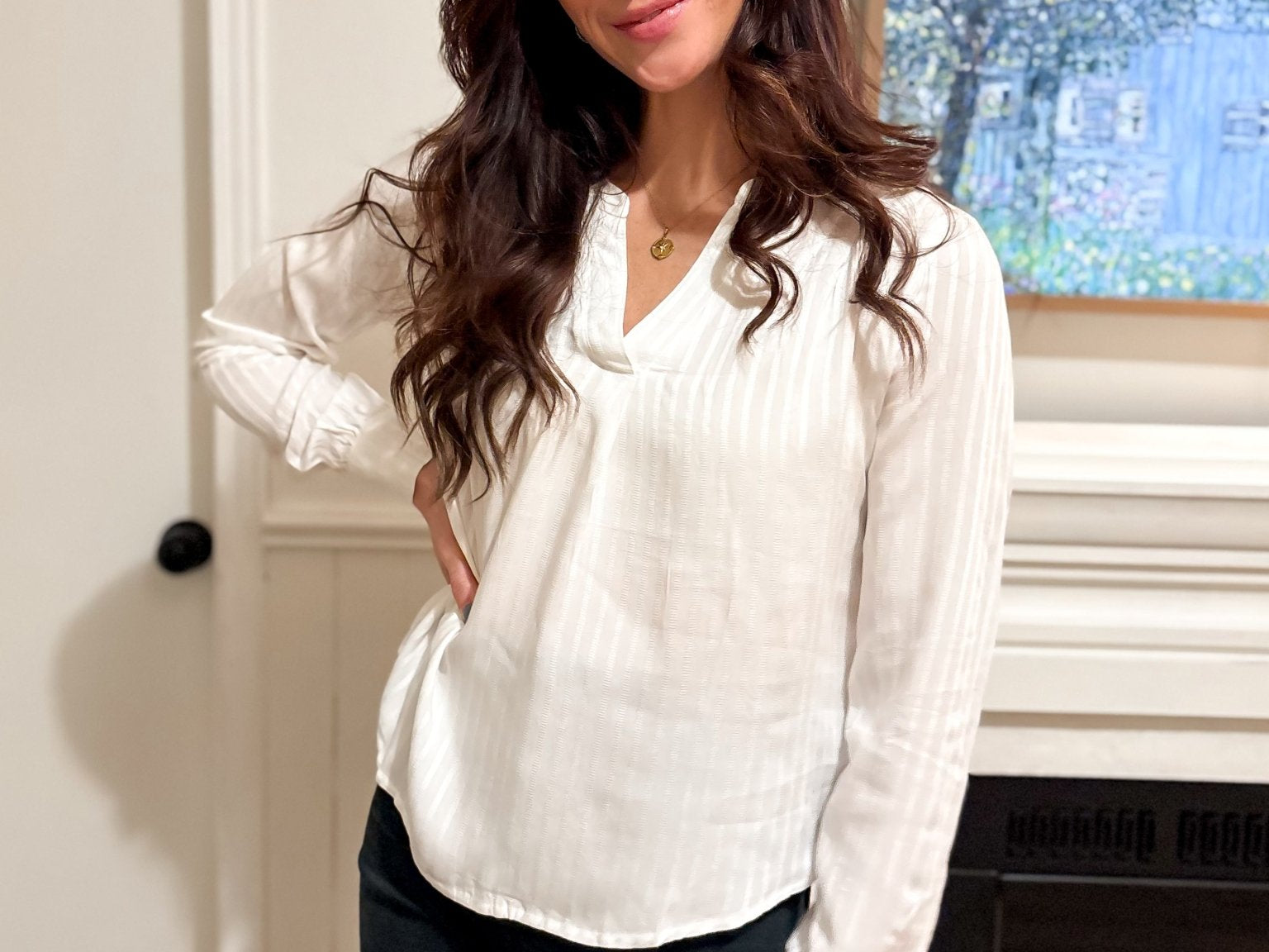 The Mae Long Sleeve Pleated V - Shape Opening Textured Blouse - Love and Lee Apparel