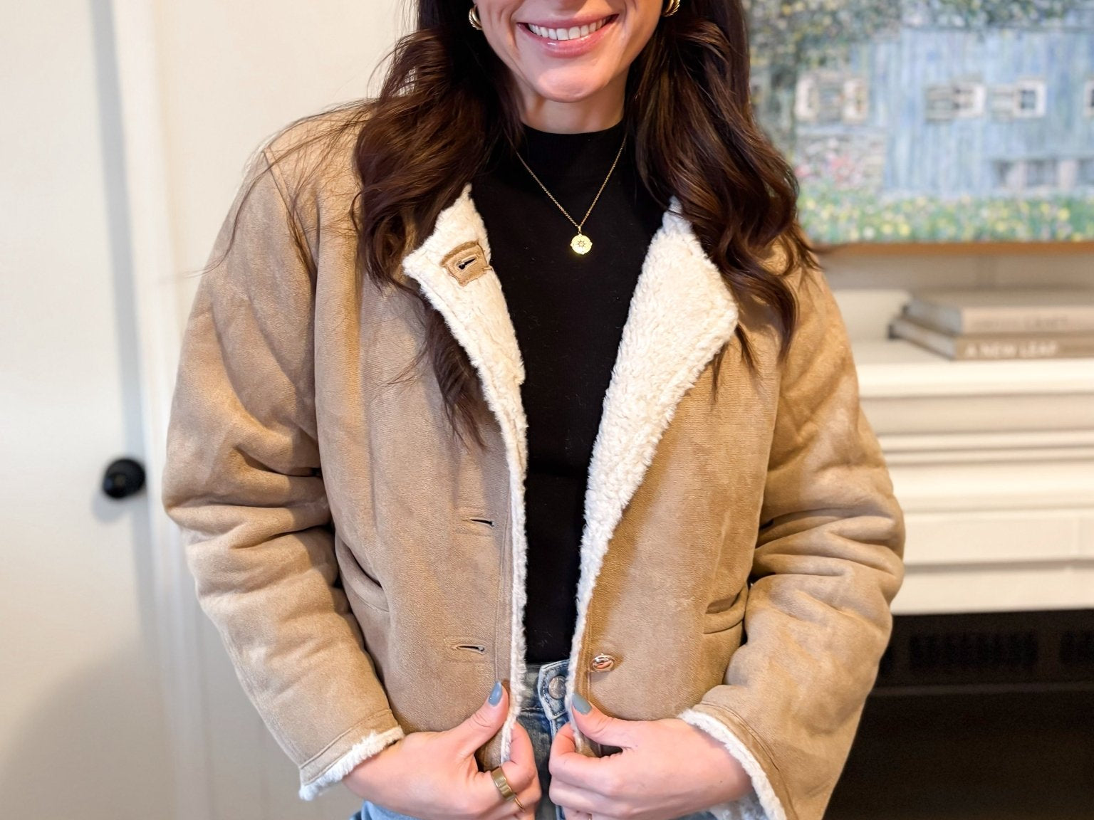 The Monique Long Sleeve Gold Button Closure Inner Fur Faux Suede Jacket - Love and Lee Apparel