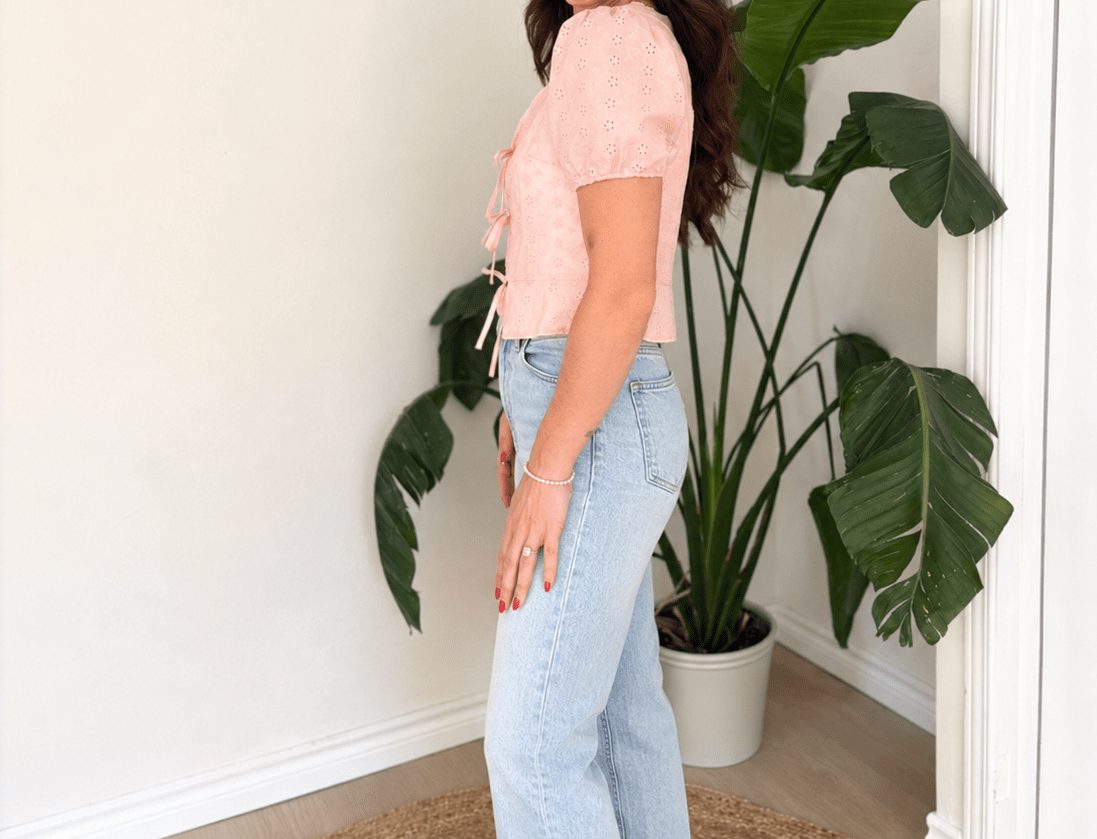 The Meave Bow Tie Short Puff Sleeve Blouse in Pink - Love and Lee Apparel