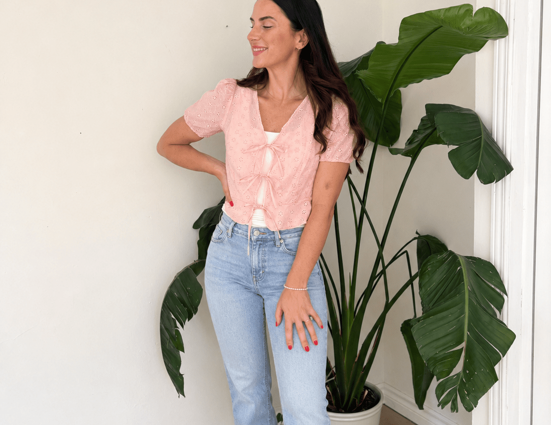 The Meave Bow Tie Short Puff Sleeve Blouse in Pink - Love and Lee Apparel