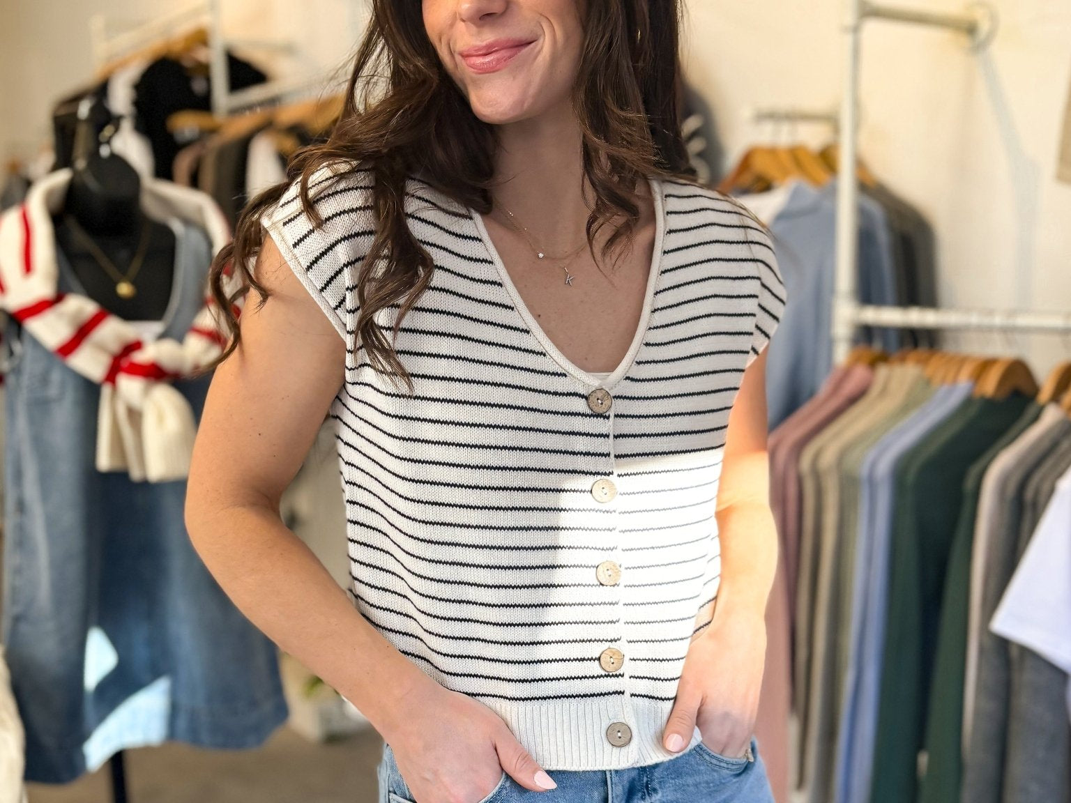 The Elizabeth Stripe Scoop Neck Raw Edge Short Sleeve Cardigan - Love and Lee Apparel