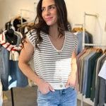 The Elizabeth Stripe Scoop Neck Raw Edge Short Sleeve Cardigan - Love and Lee Apparel
