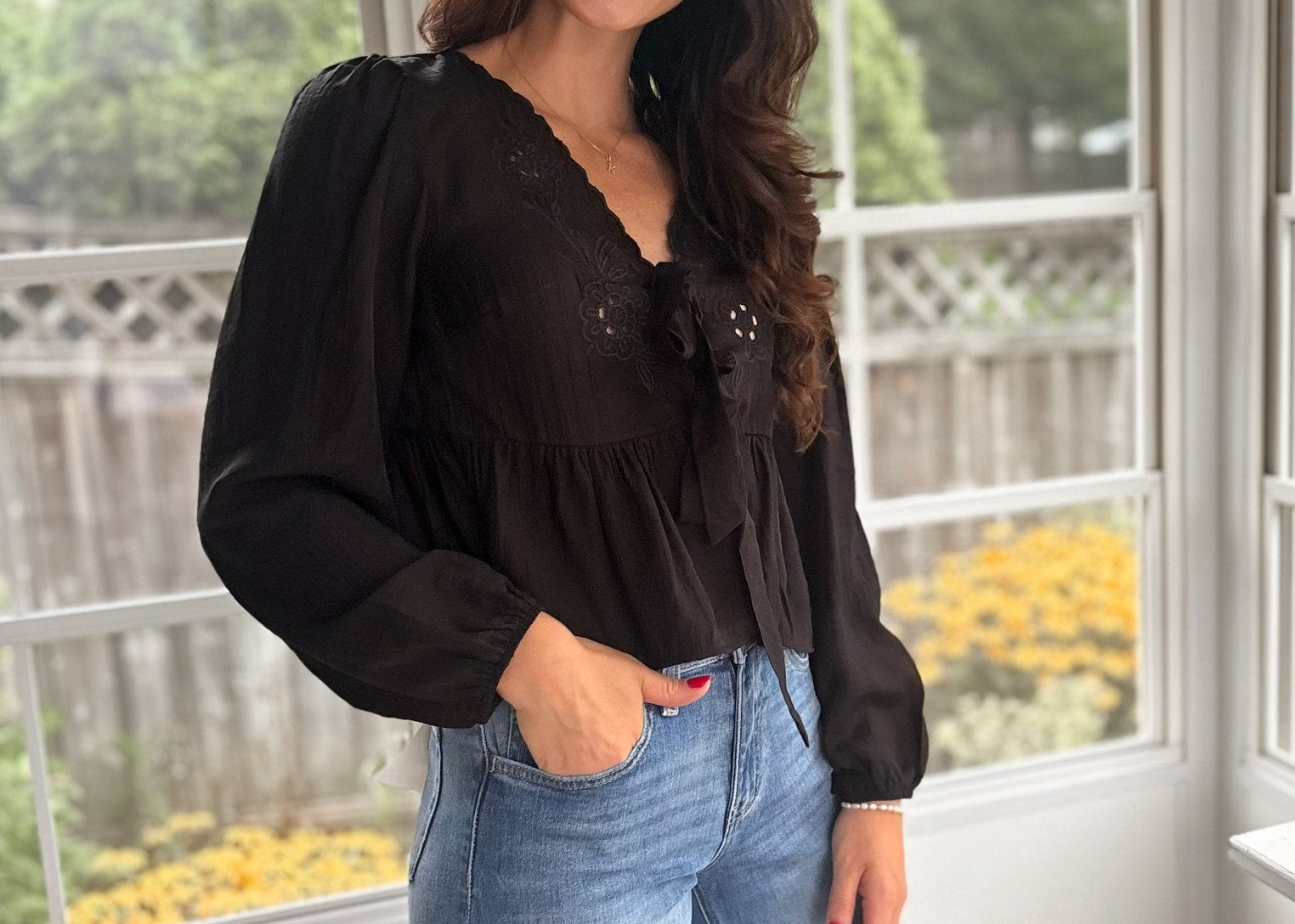 The Stevie Floral Eyelet Embroidery Front Tie Long Sleeve Top - Love and Lee Apparel