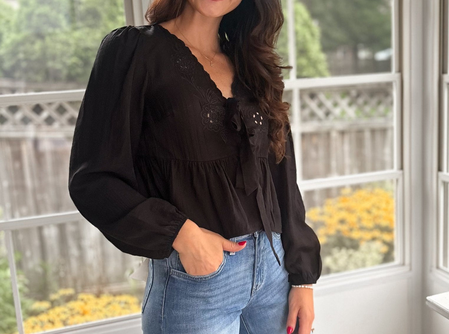 The Stevie Floral Eyelet Embroidery Front Tie Long Sleeve Top - Love and Lee Apparel