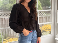 The Stevie Floral Eyelet Embroidery Front Tie Long Sleeve Top - Love and Lee Apparel