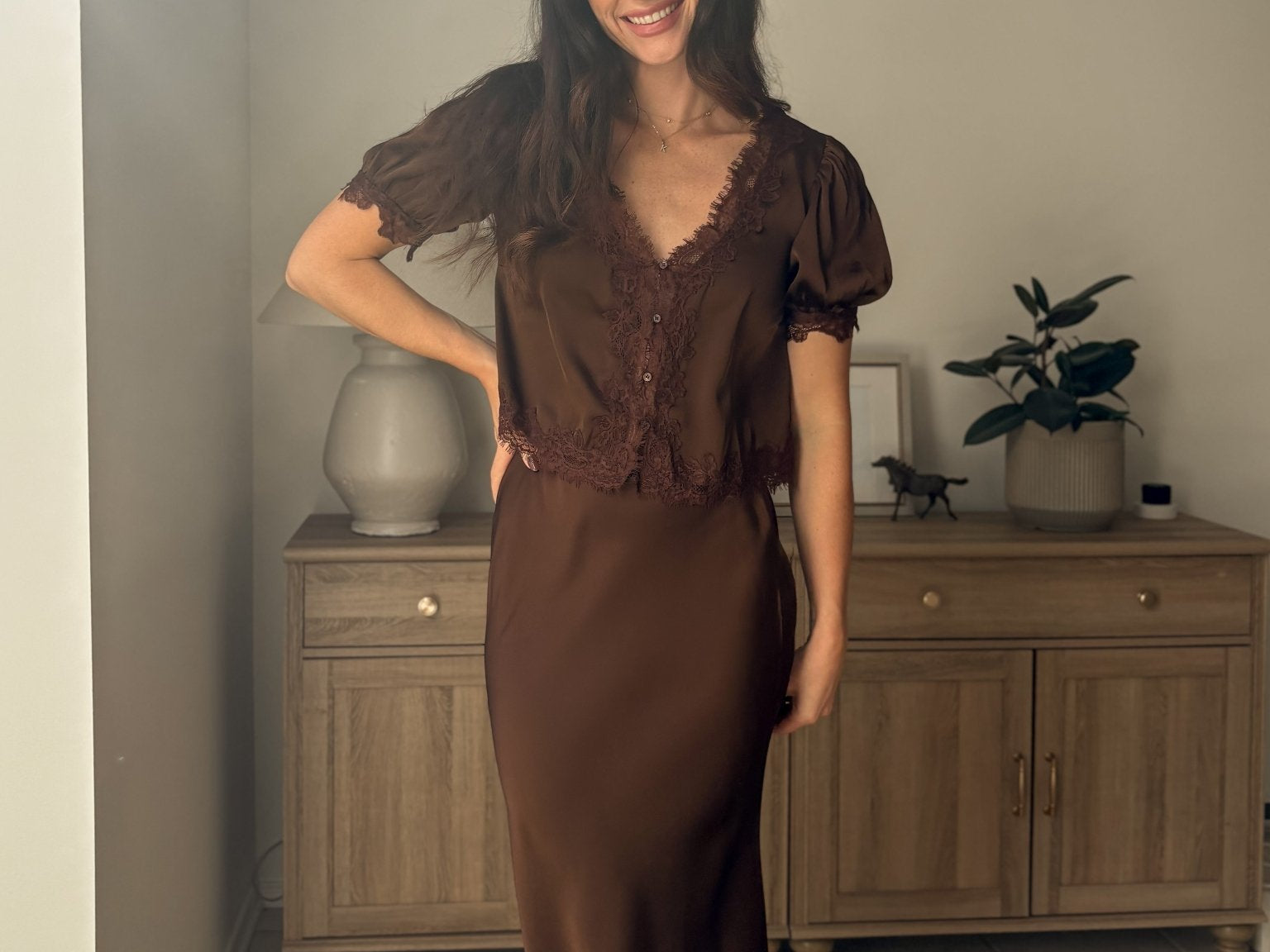 The 'Harvest Gathering' Satin Lace Hem Slip-On Pencil Skirt - Love and Lee Apparel