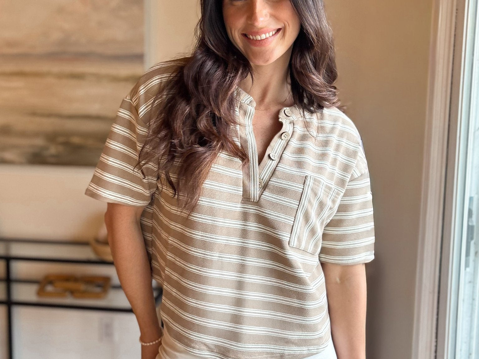 Lakehouse Stripe Short Sleeve Henley Knit Top - Love and Lee Apparel