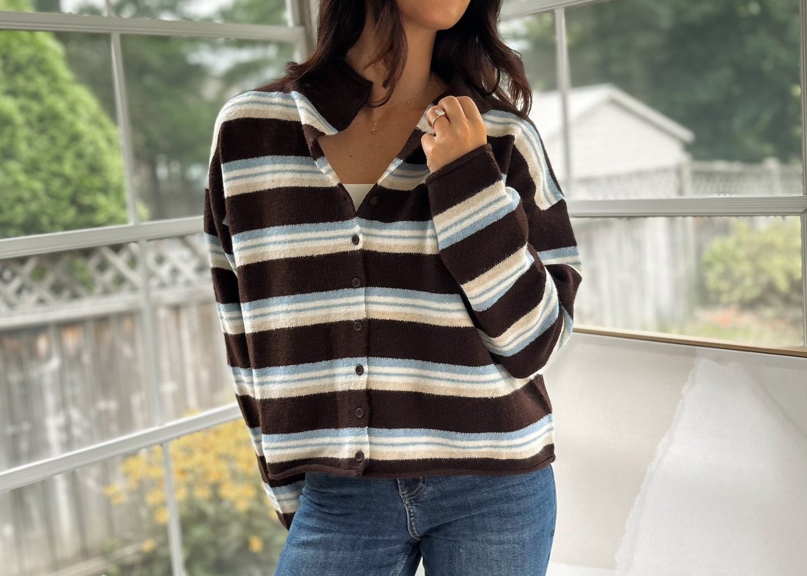 'Yale Bookclub' Multi-Color Stripe Rolled Neck Knit Cardigan - Love and Lee Apparel