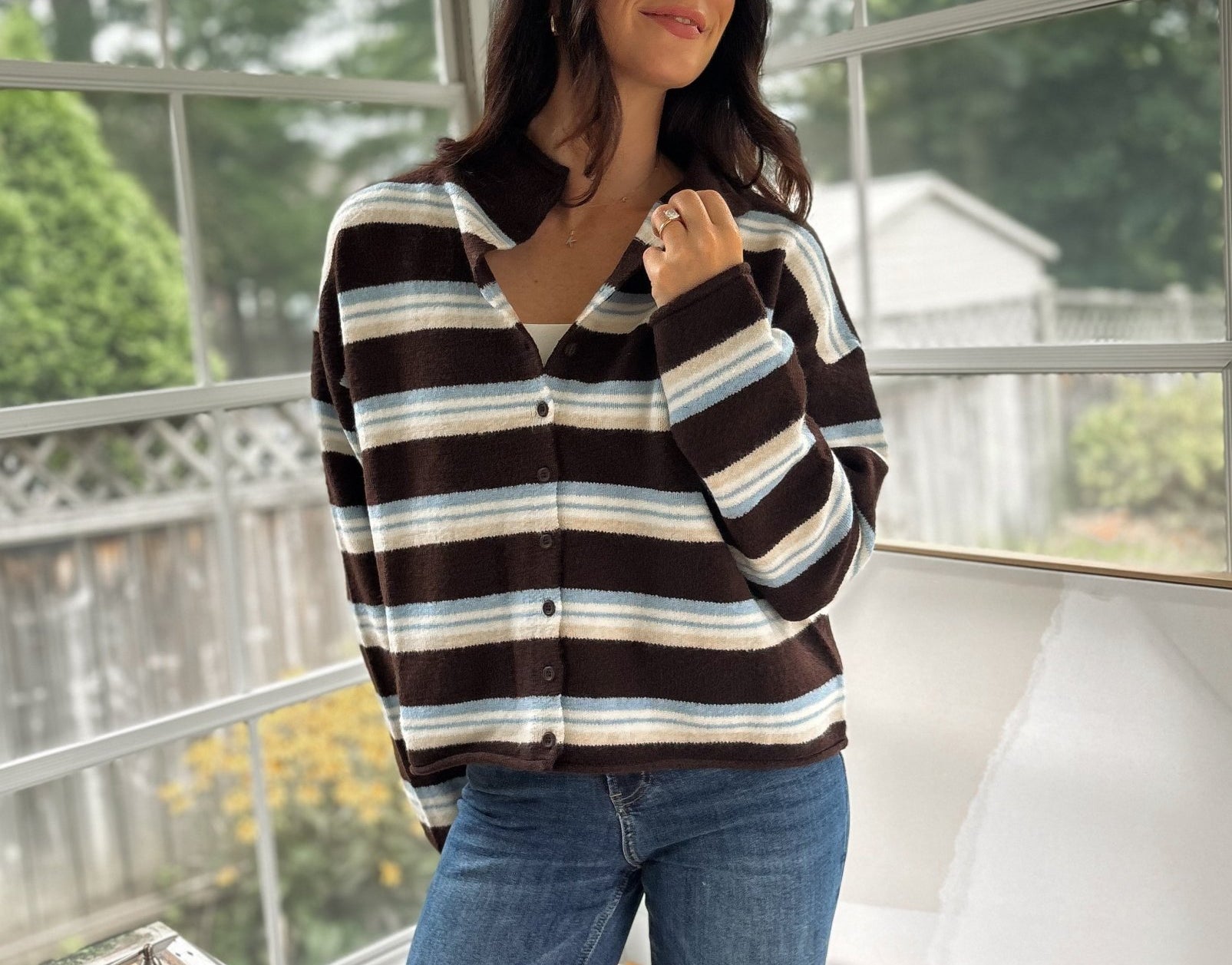 'Yale Bookclub' Multi-Color Stripe Rolled Neck Knit Cardigan - Love and Lee Apparel