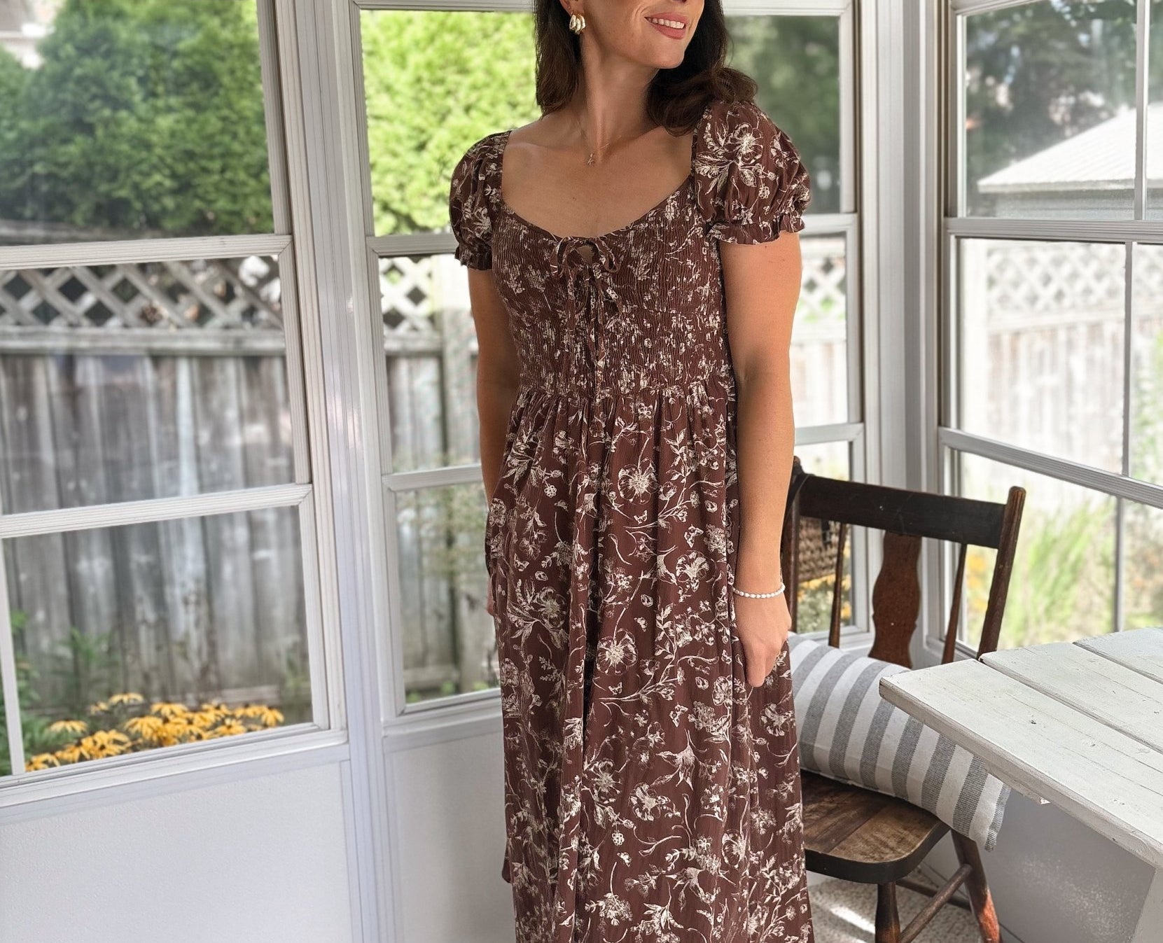 The Elphie Floral Toile Front Tie Smocked Midi Dress - Love and Lee Apparel
