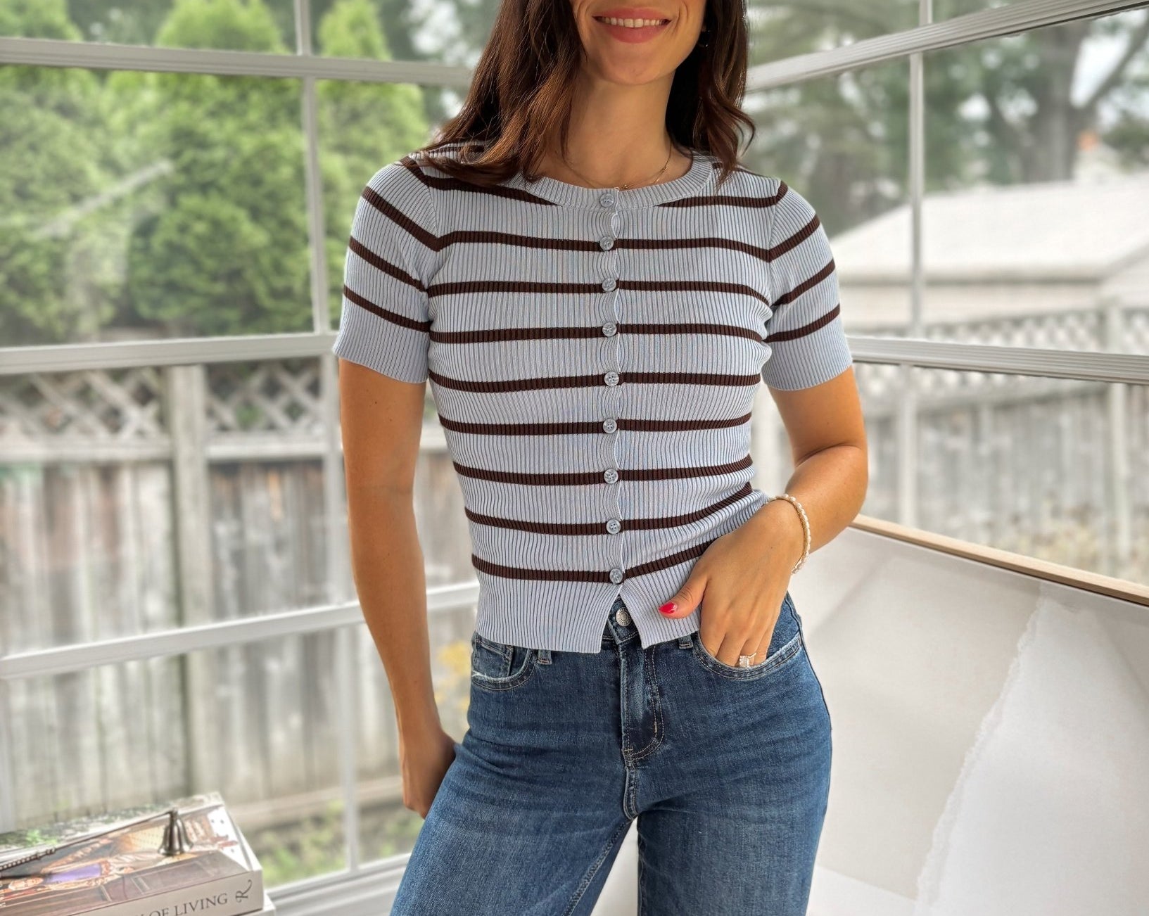 'Collegiate Cutie' Stripe Button Front Split Hem Short Sleeve Top - Love and Lee Apparel