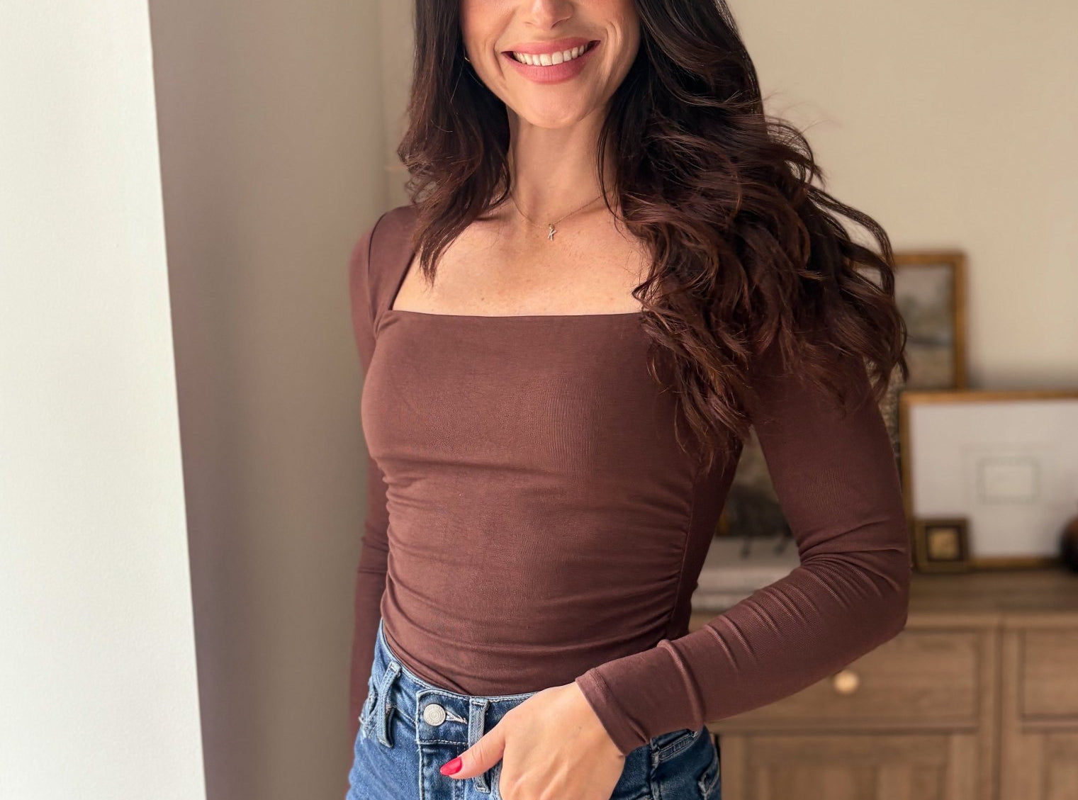 The Pour Another Square Neck Long Sleeve Ruched Side Knit Top - Love and Lee Apparel