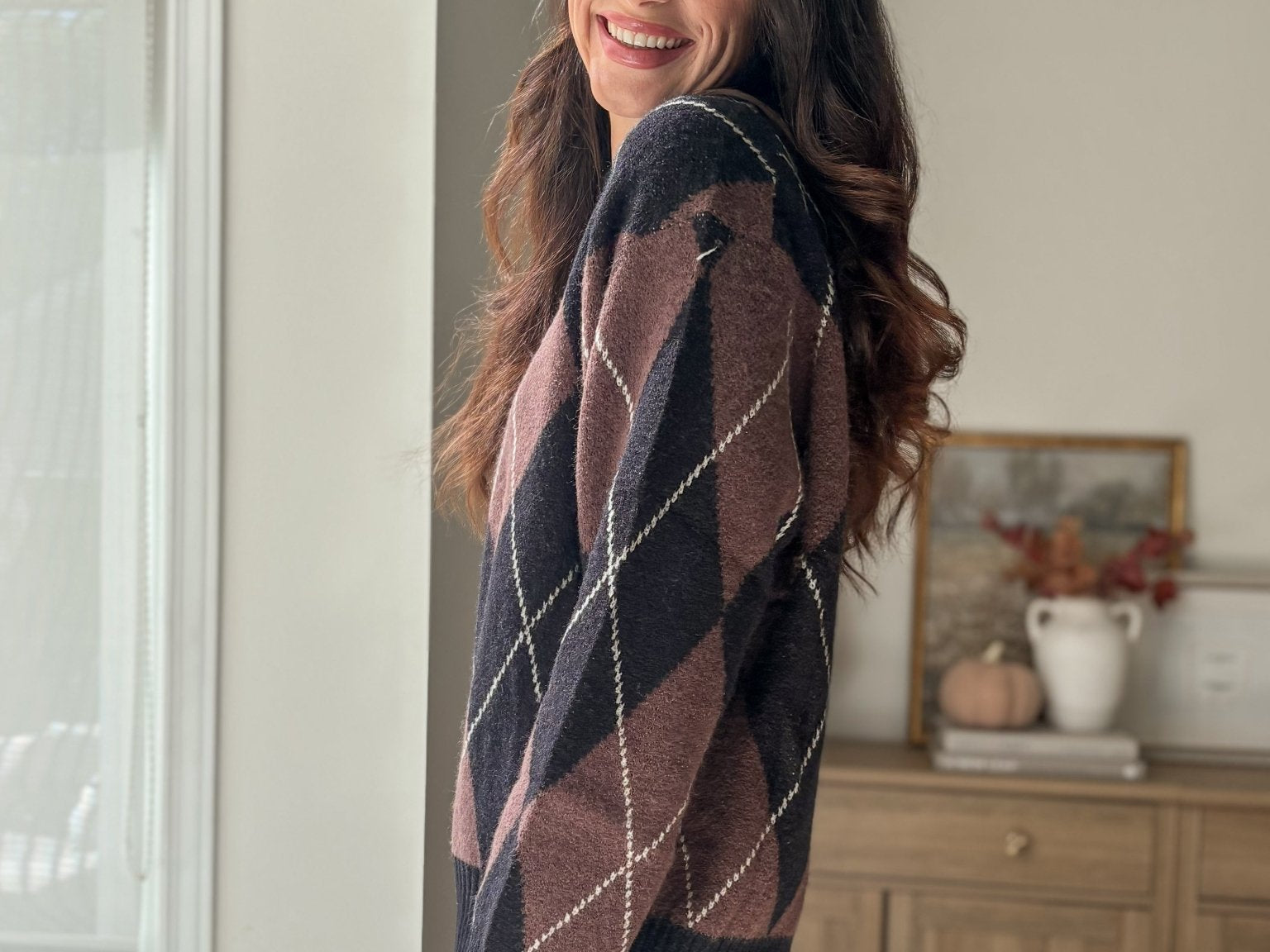 The 'Giving Season' Oversized Argyle Crew Neck Knit Pullover - Love and Lee Apparel