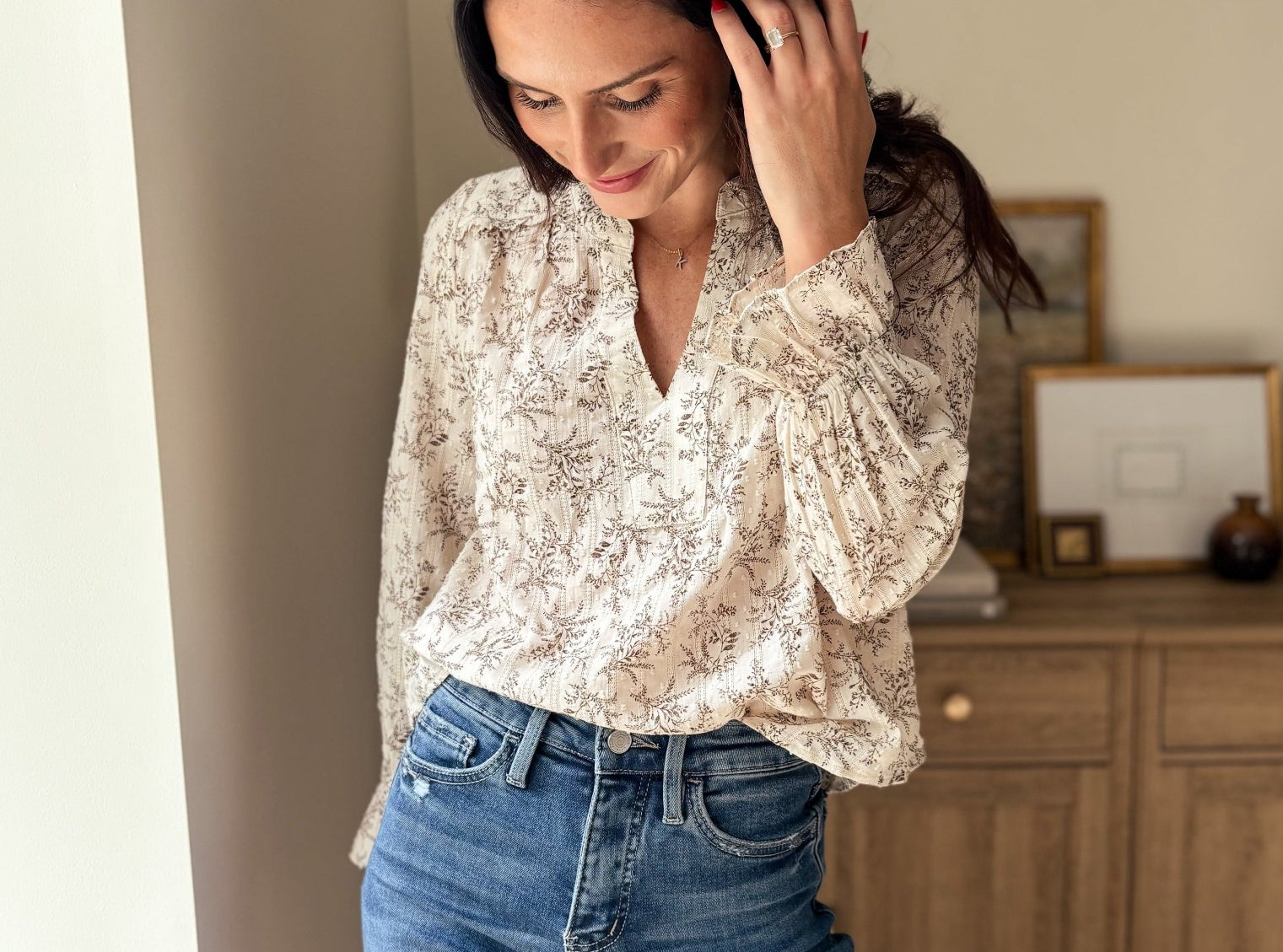 The Vintage Stonehouse Floral Print Split Neck Long Sleeve Blouse - Love and Lee Apparel