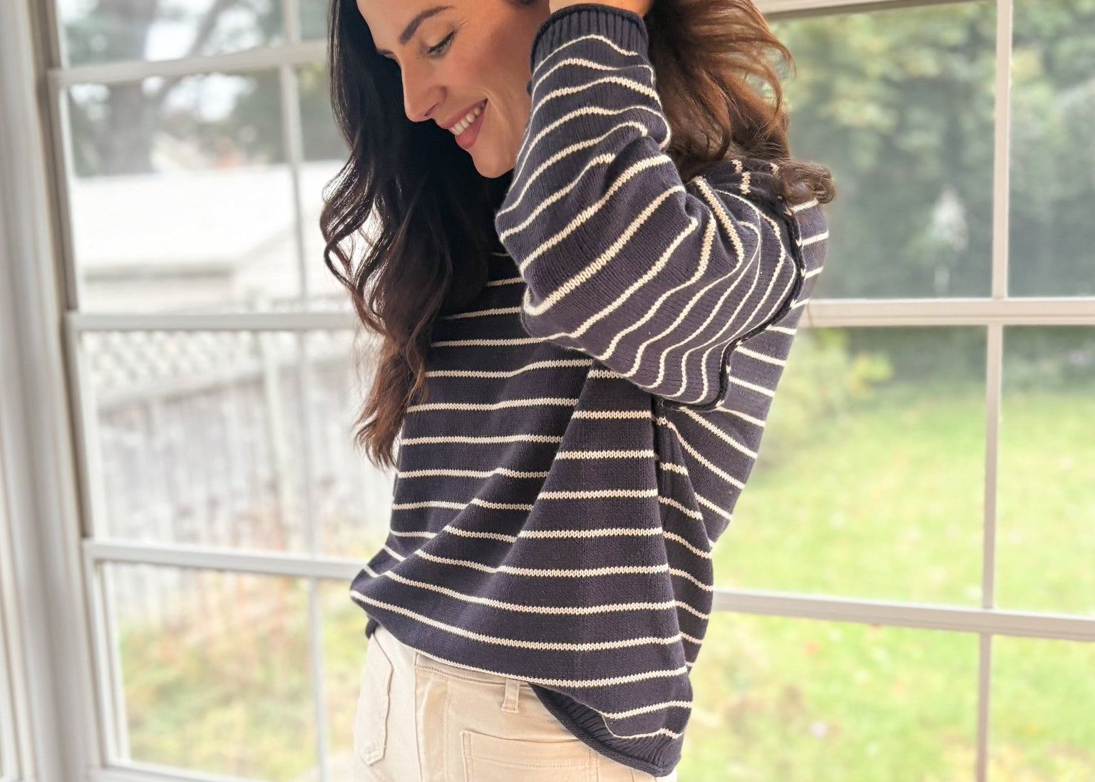The Highlands Striped Drop Shoulder Crew Neck Sweater in Navy - Love and Lee Apparel