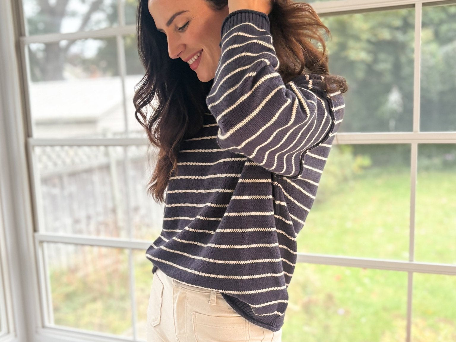 The Highlands Striped Drop Shoulder Crew Neck Sweater in Navy - Love and Lee Apparel