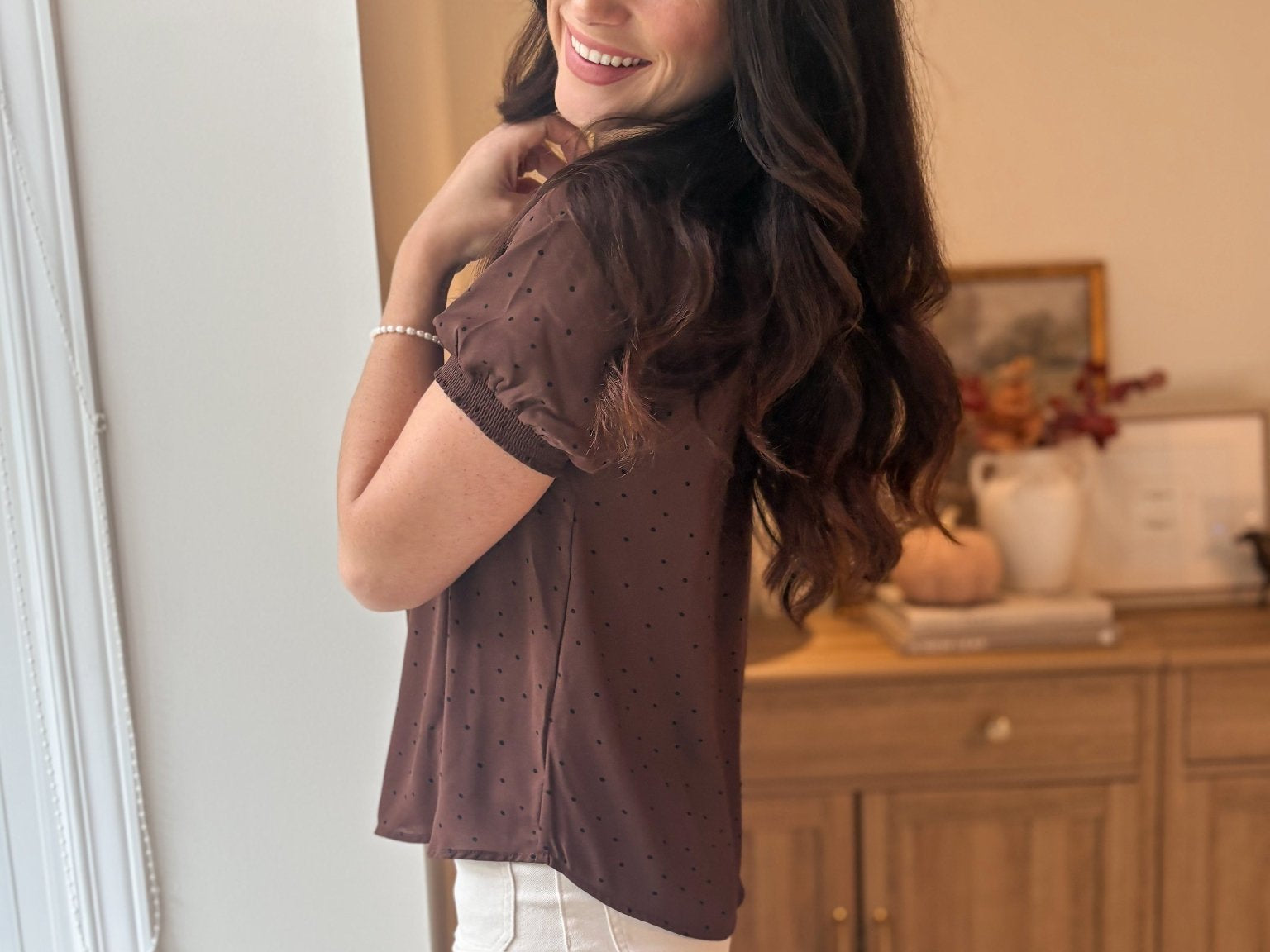 The Mayfair Pintuck Polka Dot Button Down Puff Sleeve Top - Love and Lee Apparel