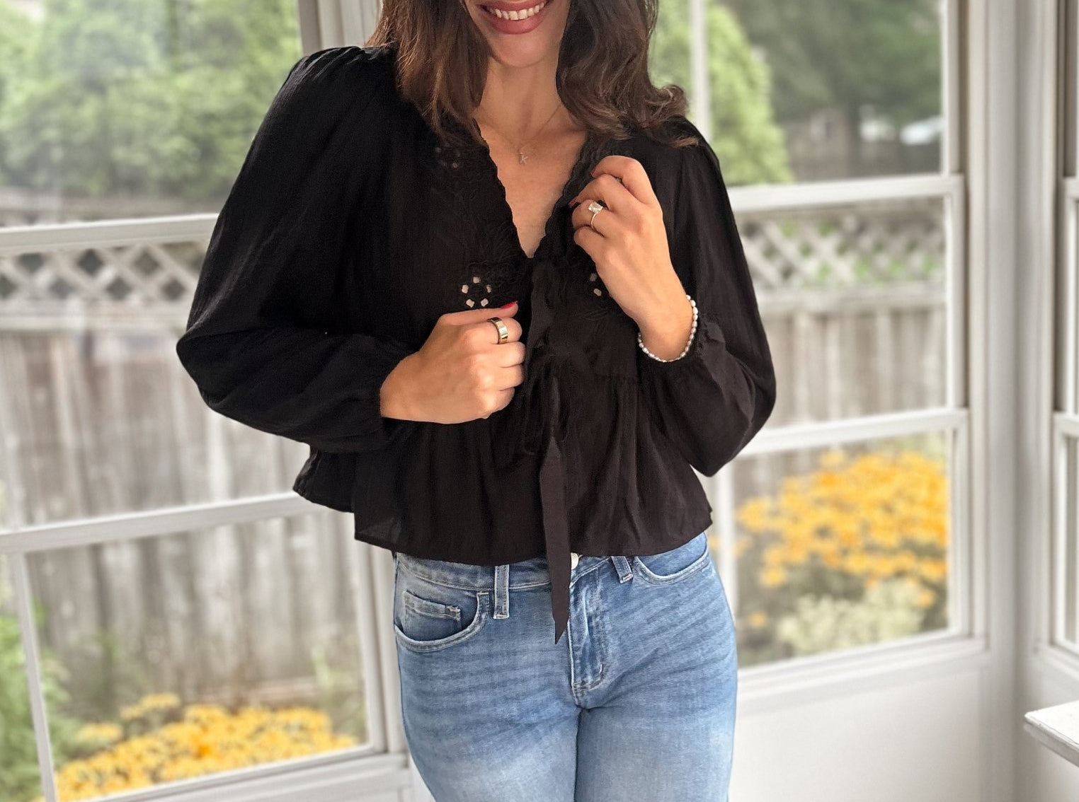 The Stevie Floral Eyelet Embroidery Front Tie Long Sleeve Top - Love and Lee Apparel
