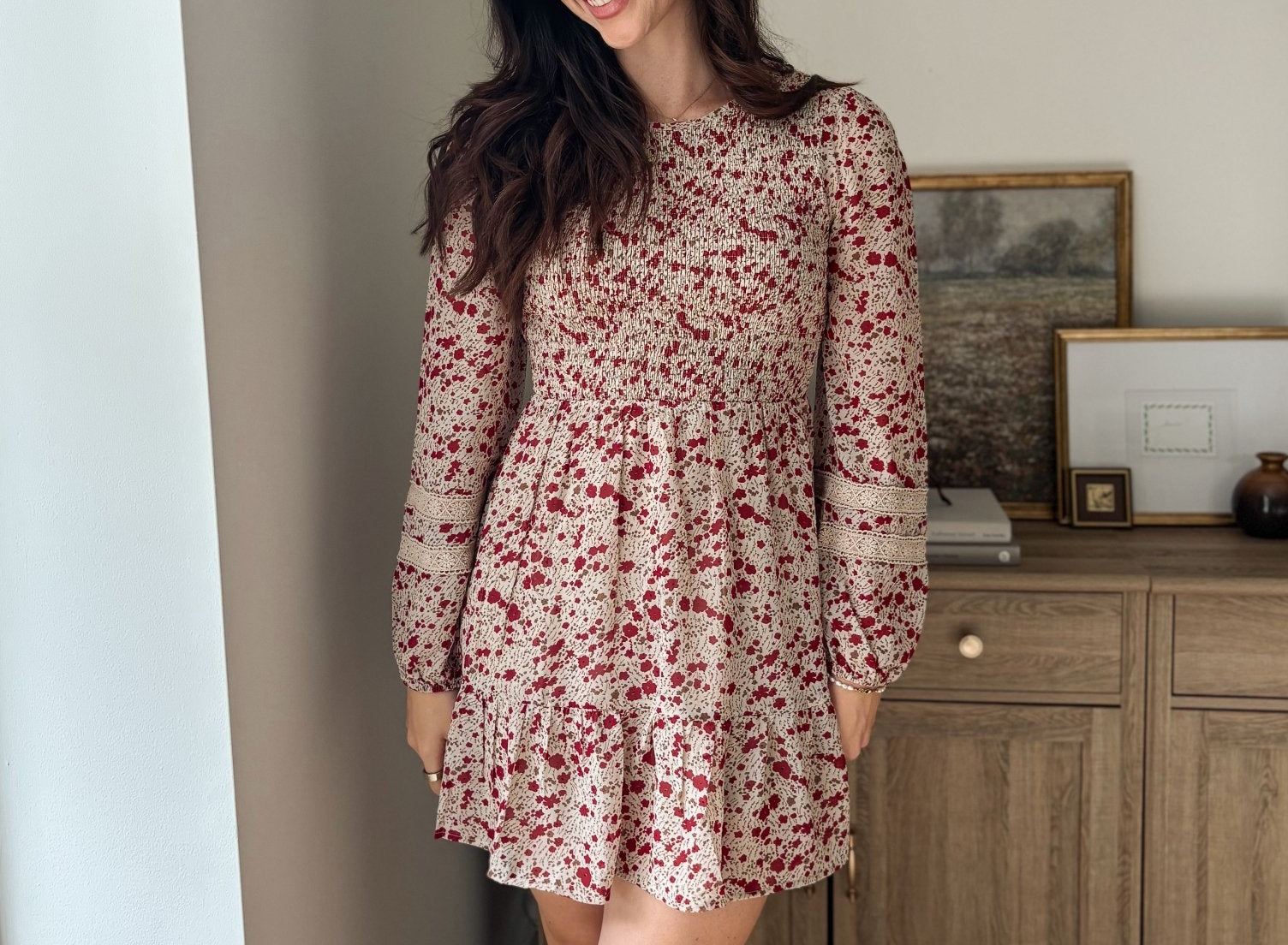 The Early Harvest Lace Trim Smocking Printed Mini Dress - Love and Lee Apparel