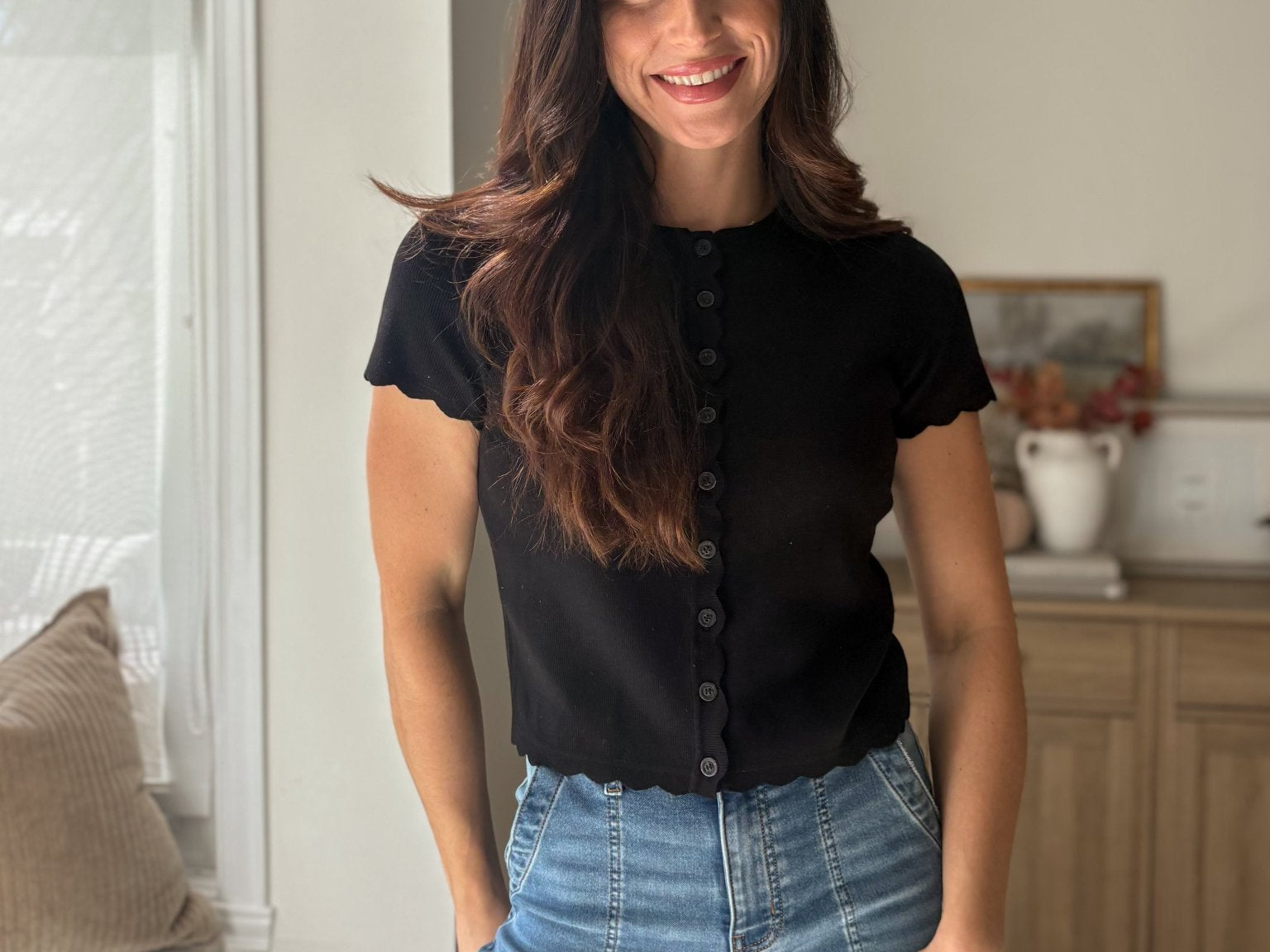 The 'Rosemary & Sage' Scalloped Short Sleeve Button Down Knit Cardigan - Love and Lee Apparel