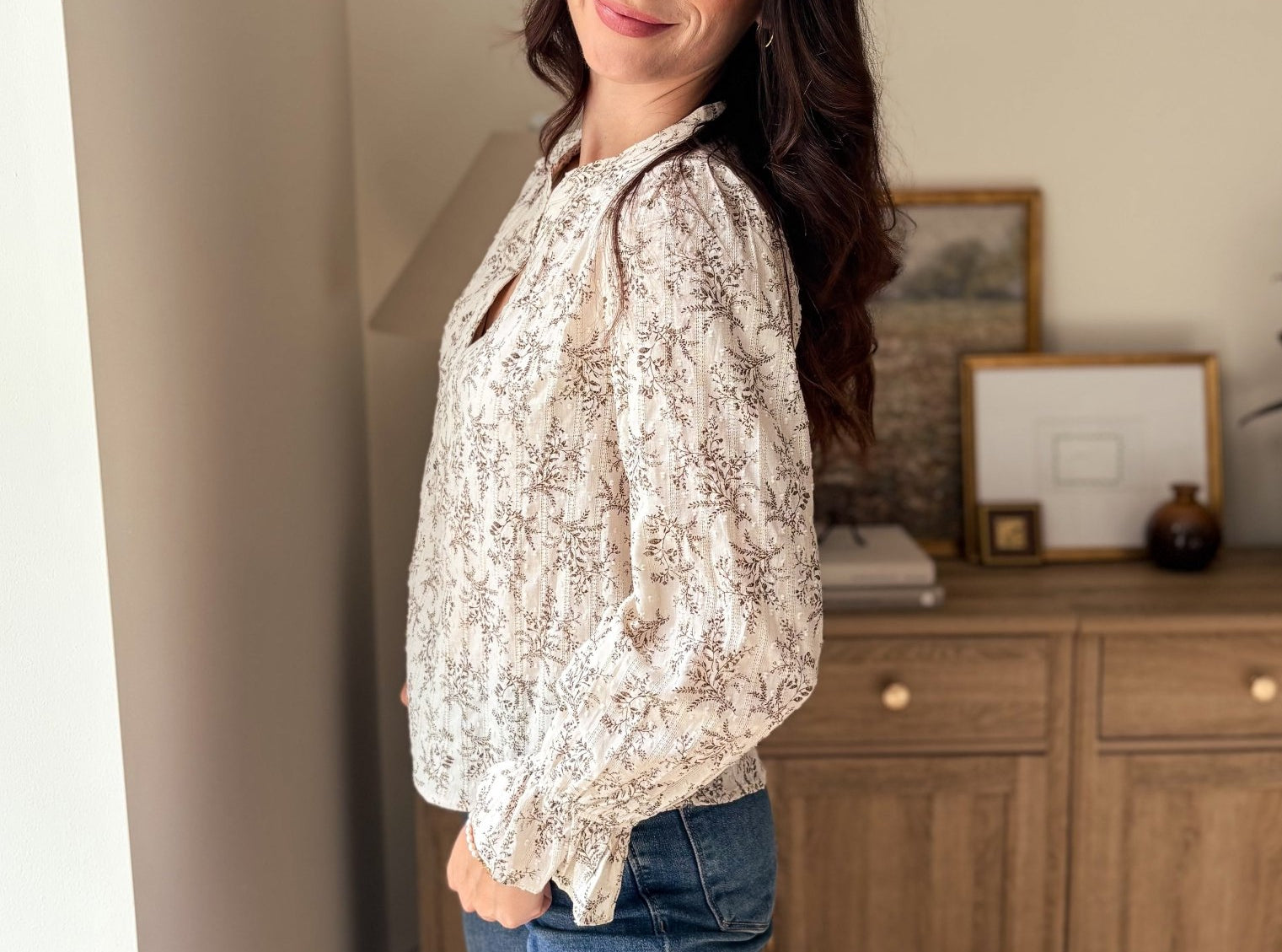 The Vintage Stonehouse Floral Print Split Neck Long Sleeve Blouse - Love and Lee Apparel
