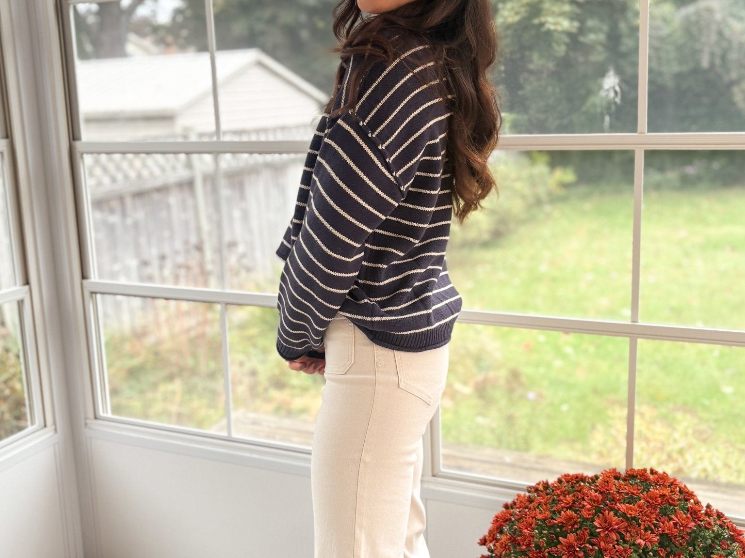 The Highlands Striped Drop Shoulder Crew Neck Sweater in Navy - Love and Lee Apparel