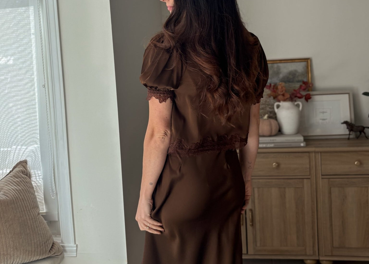 The 'Harvest House' Satin Lace Trim V Neck Puff Sleeve Blouse - Love and Lee Apparel