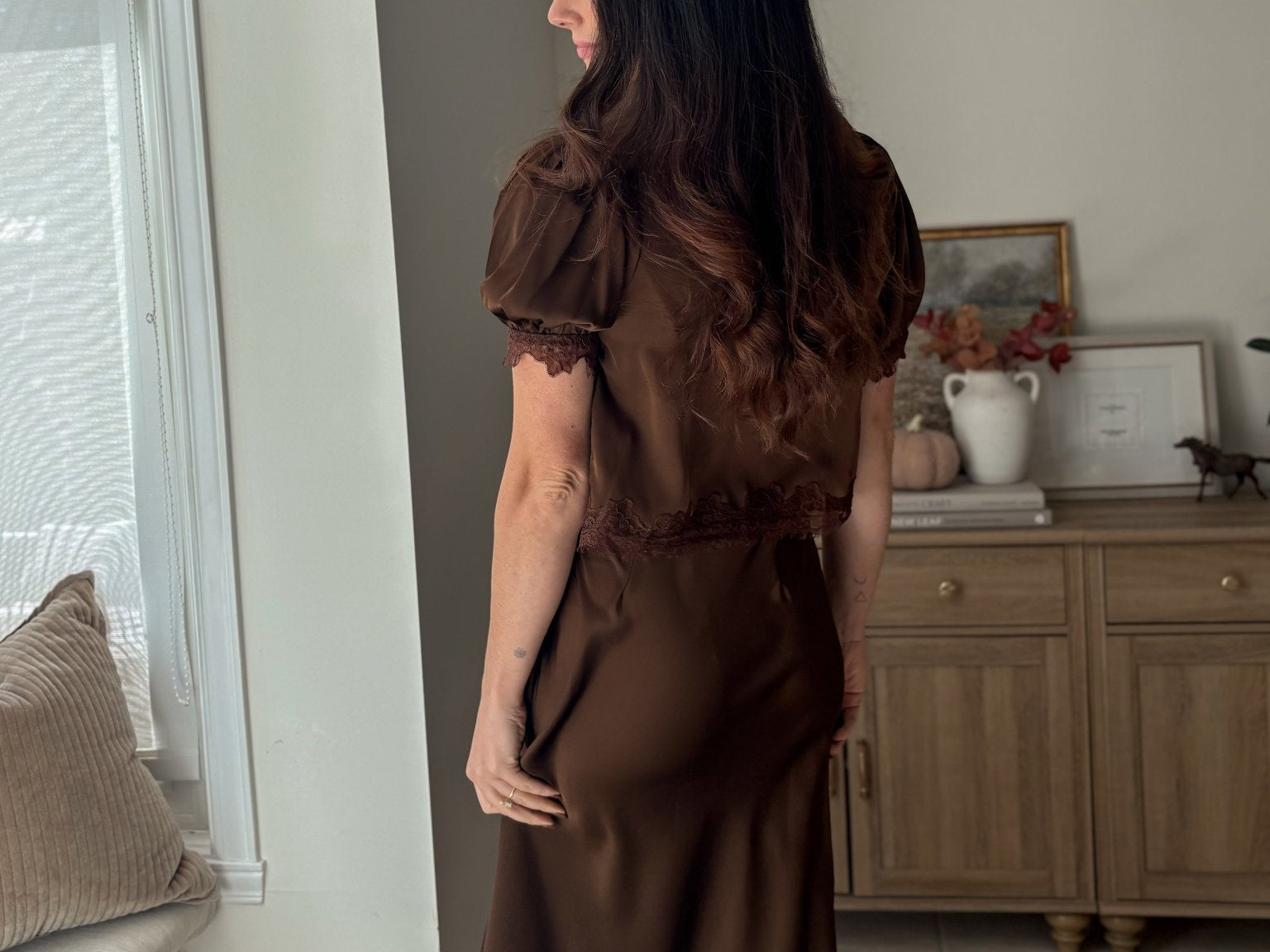 The 'Harvest House' Satin Lace Trim V Neck Puff Sleeve Blouse - Love and Lee Apparel