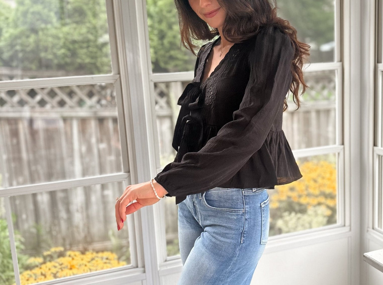 The Stevie Floral Eyelet Embroidery Front Tie Long Sleeve Top - Love and Lee Apparel