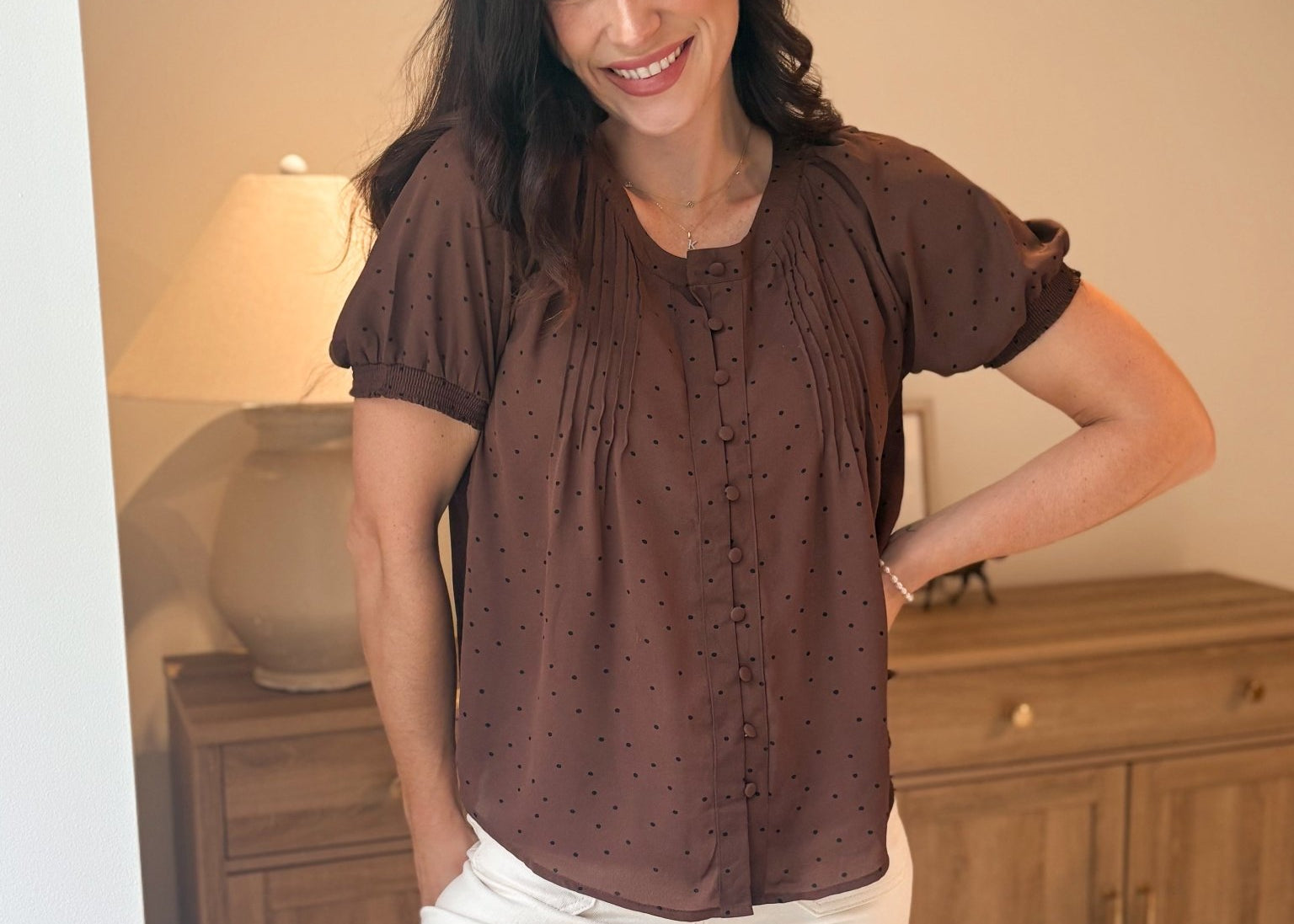 The Mayfair Pintuck Polka Dot Button Down Puff Sleeve Top - Love and Lee Apparel