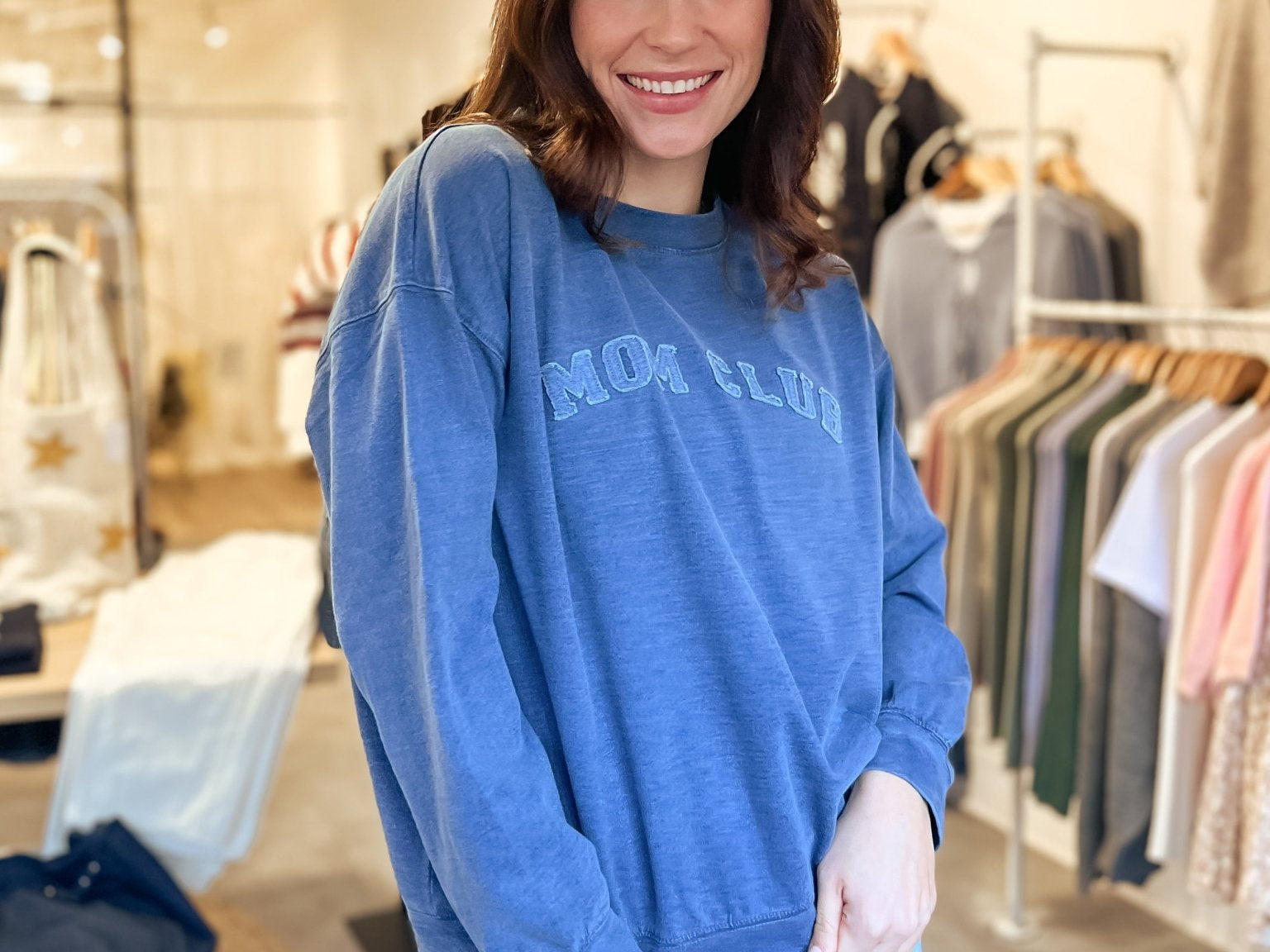The Mom Club Crewneck Knit Top in Indigo Denim Blue - Love and Lee Apparel