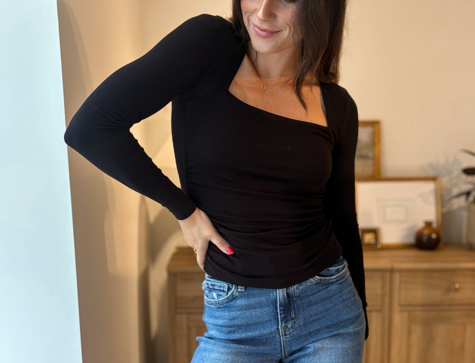 The Morning Mist Square Neck Long Sleeve Ruched Side Knit Top - Love and Lee Apparel
