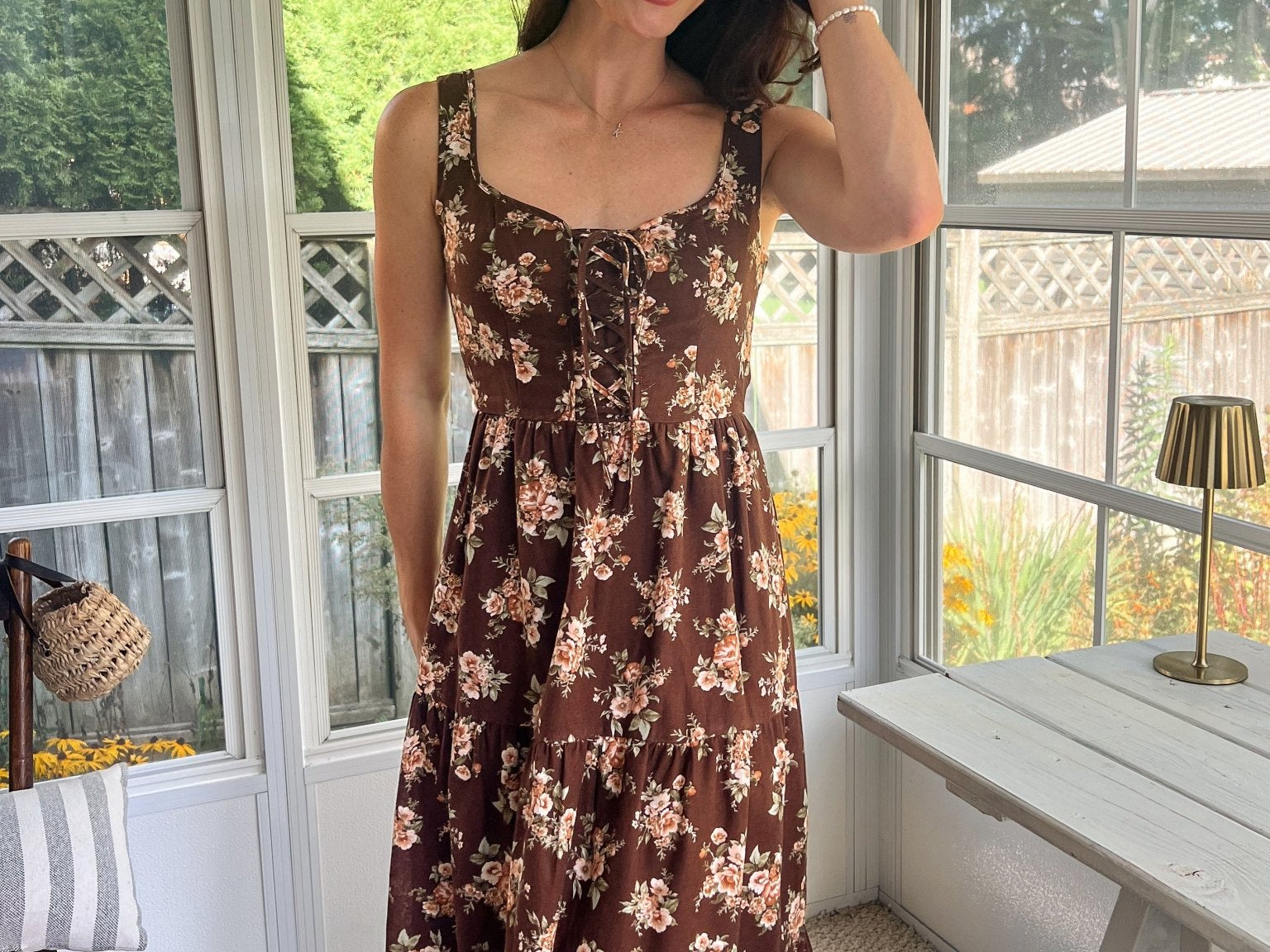 Sloan Floral Front Lace Up Corset Sleeveless Midi Dress - Love and Lee Apparel