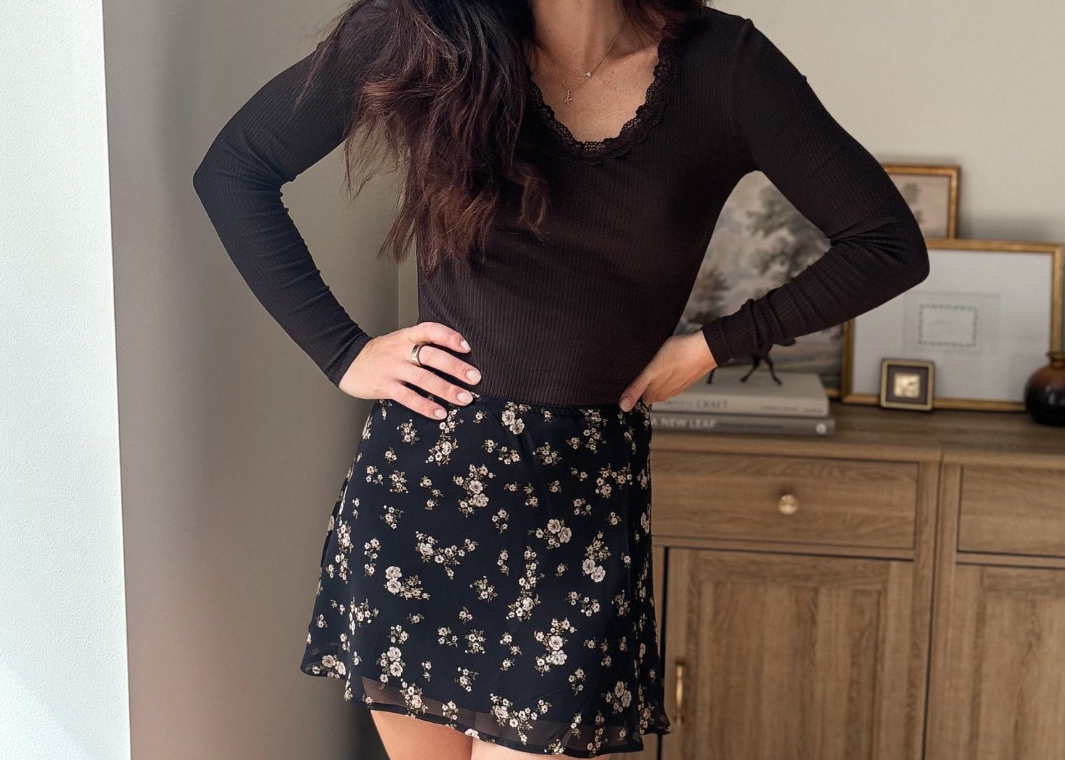 The Baylor Floral Print Elastic Lace Trim Mini Skirt in Black - Love and Lee Apparel