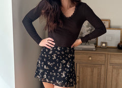 The Baylor Floral Print Elastic Lace Trim Mini Skirt in Black - Love and Lee Apparel