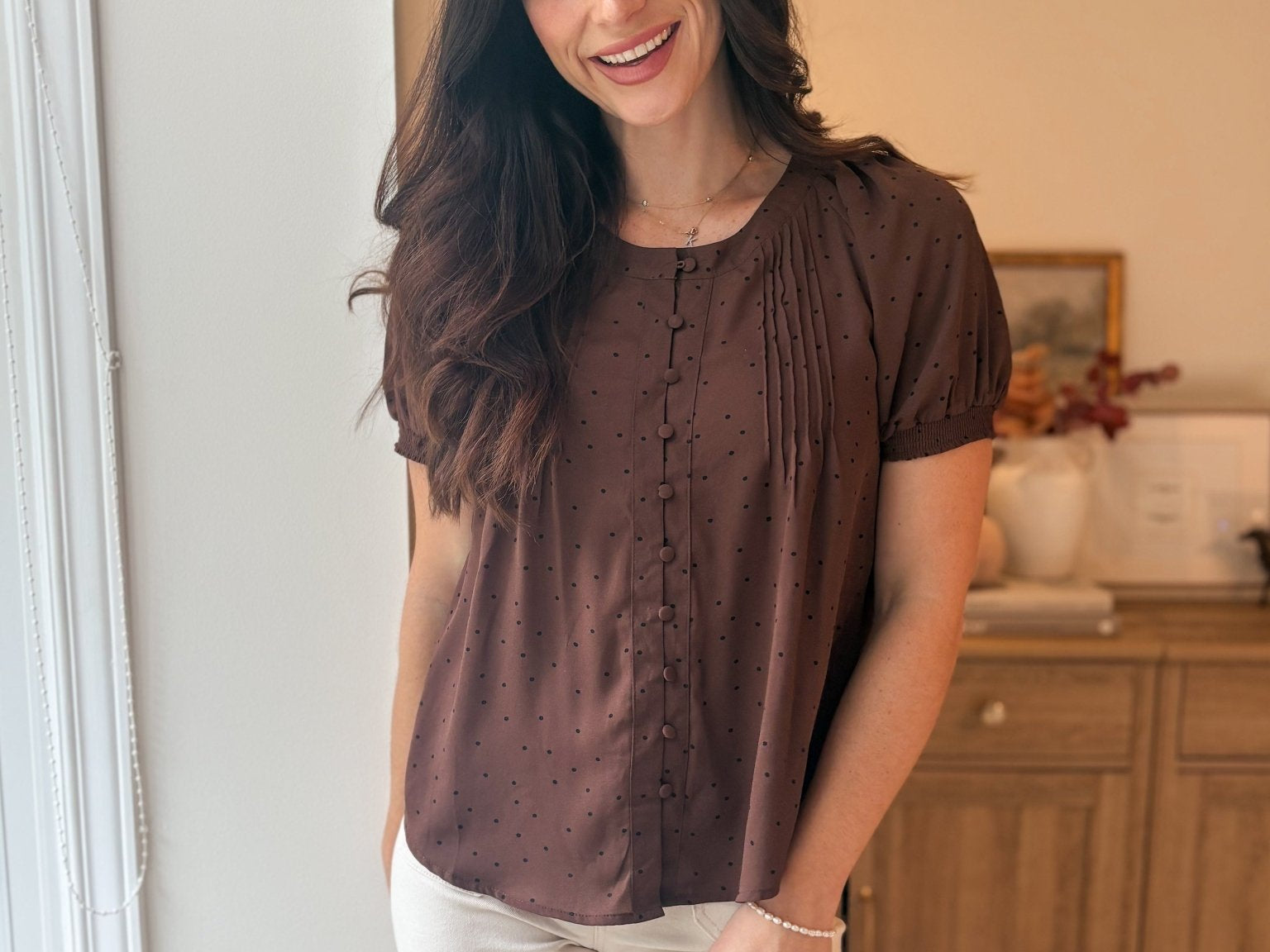 The Mayfair Pintuck Polka Dot Button Down Puff Sleeve Top - Love and Lee Apparel
