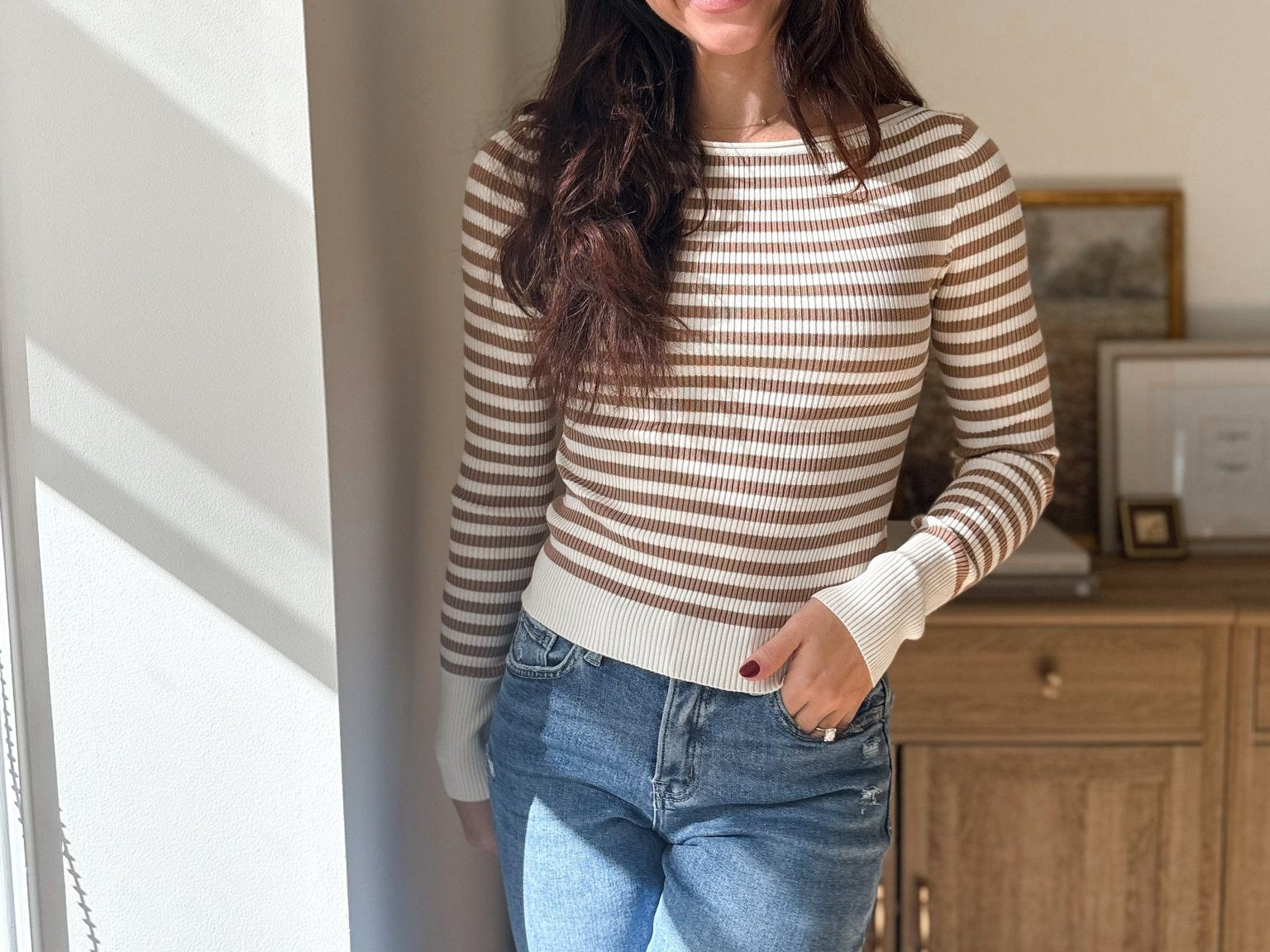 Atrium Boat Neck Stripe Ribbed Long Sleeve Sweater Top - Love and Lee Apparel