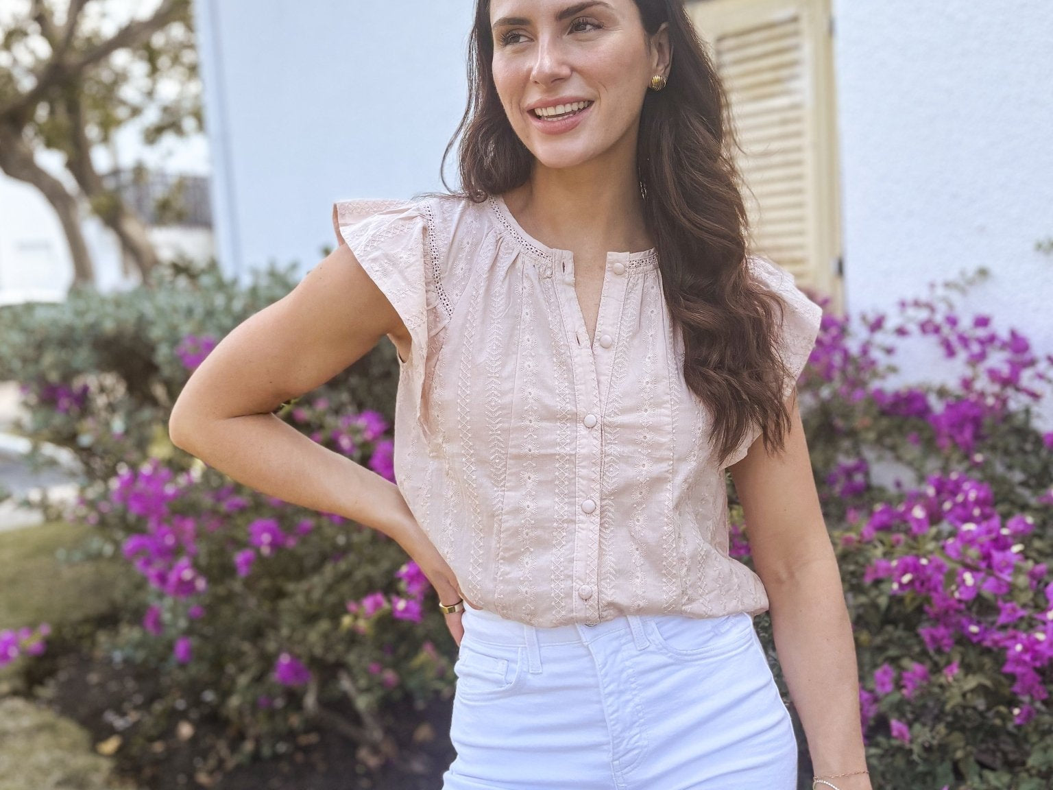 The Fiona Flutter Sleeve Button Down Embroidered Top - Love and Lee Apparel